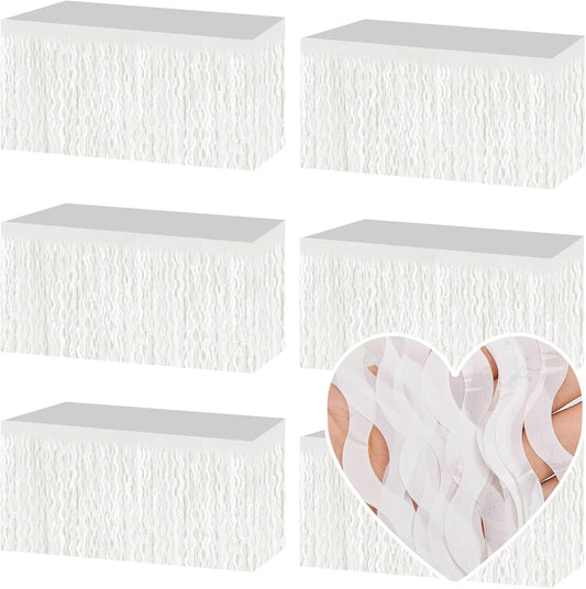 6 Pack 29x108 Inch Macaron White Wave Foil Fringe Table Skirts Metallic Banner for Tinsel Streamer Garland Backdrop for Parade Floats Wedding, Mother's Day, Birthday Mardi Gras Party Decorations