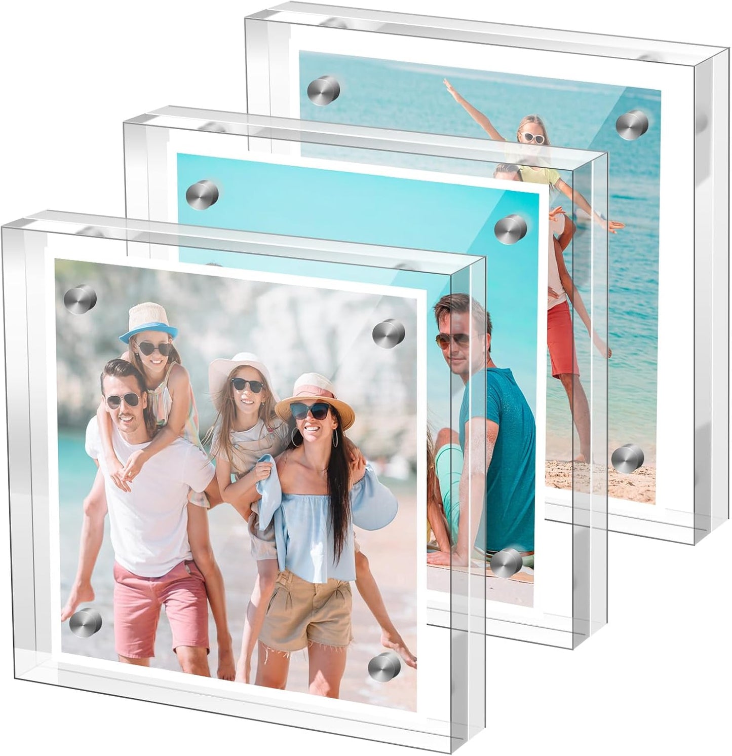 Small 4×4 Inches Acrylic Picture Frame(3 Pack)，Clear Magnetic Picture Frame for Wedding，Double Sided Frameless Photo Frame for Desktop Free Standing， Display Stand Acrylic Frame
