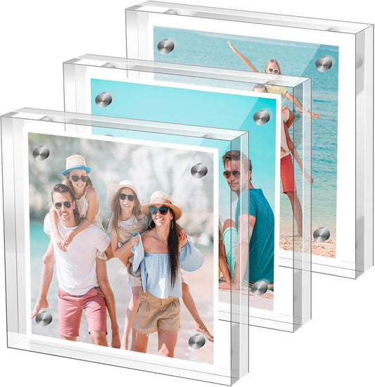 Small 4×4 Inches Acrylic Picture Frame(3 Pack)，Clear Magnetic Picture Frame for Wedding，Double Sided Frameless Photo Frame for Desktop Free Standing， Display Stand Acrylic Frame