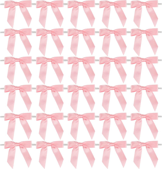 AIMUDI Baby Pink Satin Ribbon Twist Tie Bows 2.5" Light Pink Pretied Bows Premade Craft Bows for Treat Bags Cake Pop Gift Wrapping Basket Wedding Favors Cookie Candy Bagging Baby Shower - 50 Counts