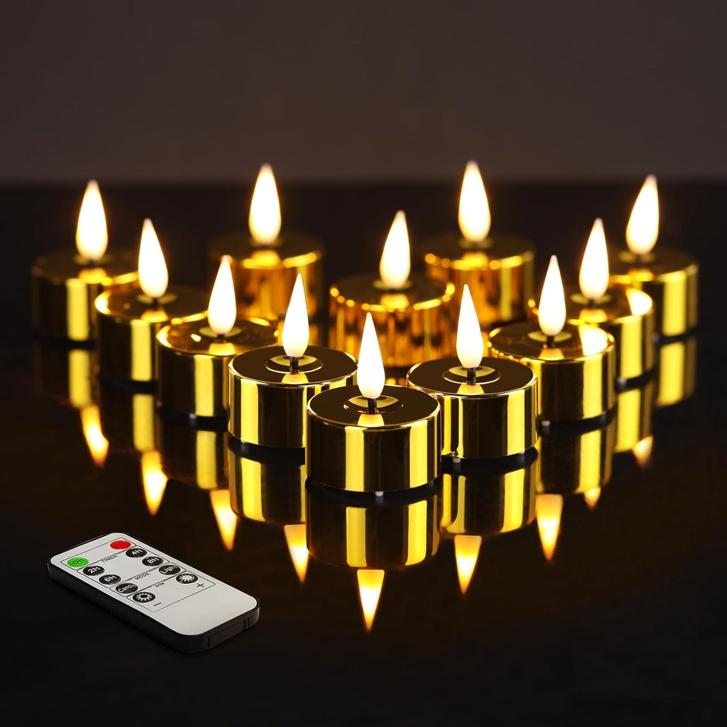 Eywamage Gold LED Tealights with Remote Batteries, Flickering Flameless Tea Lights Votive Candles Set of 12
