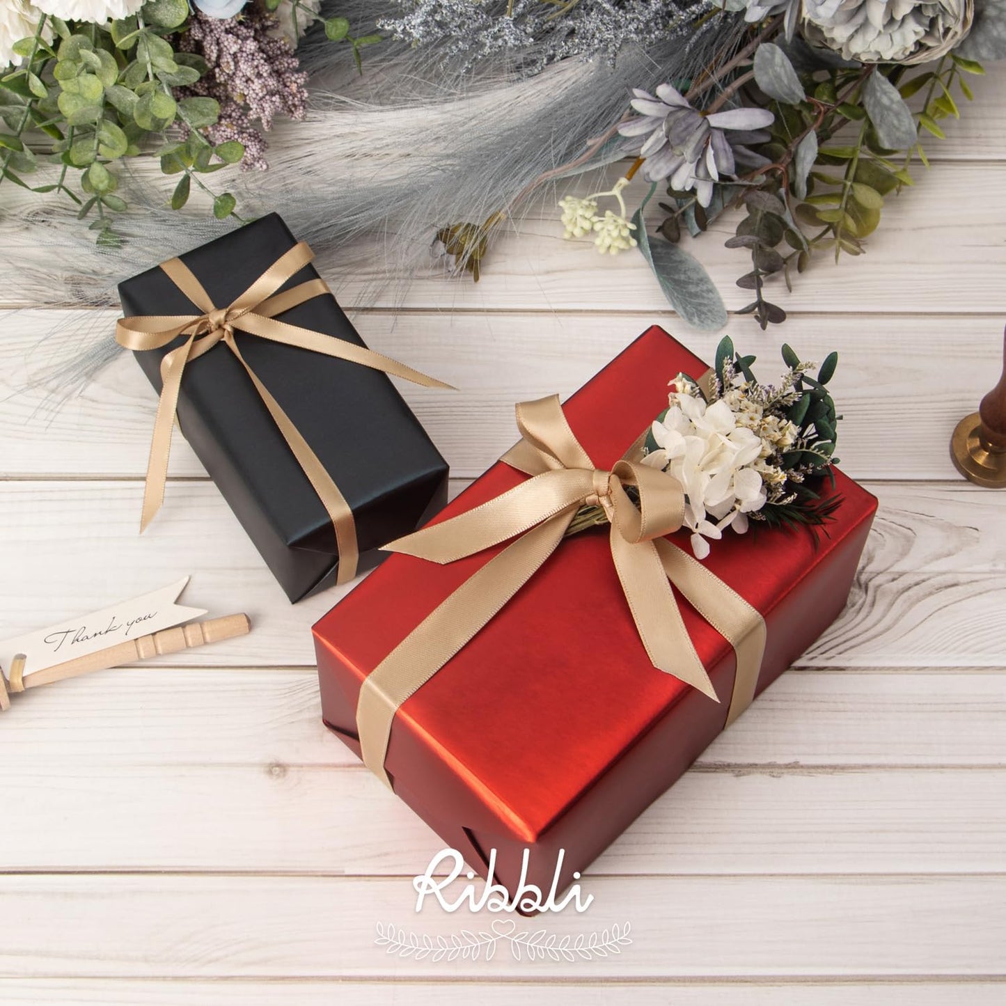 Ribbli Champagne Gold Satin Ribbon Double Faced Satin 1/2 Inch x Continuous 100 Yards-Champagne Ribbon for Gift Wrapping Crafts Wedding Decoration Bows Bouquet Floral Arrangement