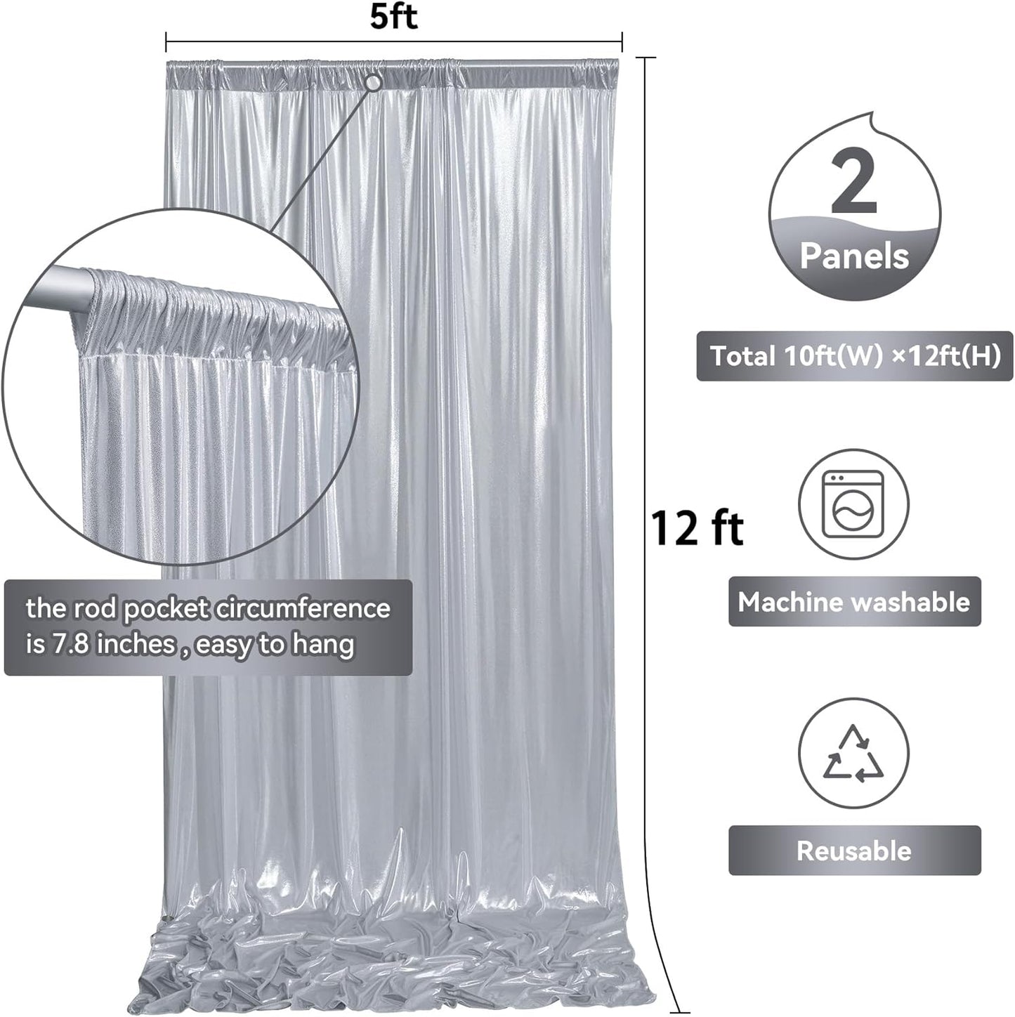 10x12ft Silver Sequin Backdrop Curtain Panels for Parties, Wrinkle Free Glitter Photo Backdrop Drapes 2 Panels 5x12FT Shimmer Back Drop Cloth for Wedding Birthday Christmas Photography Background