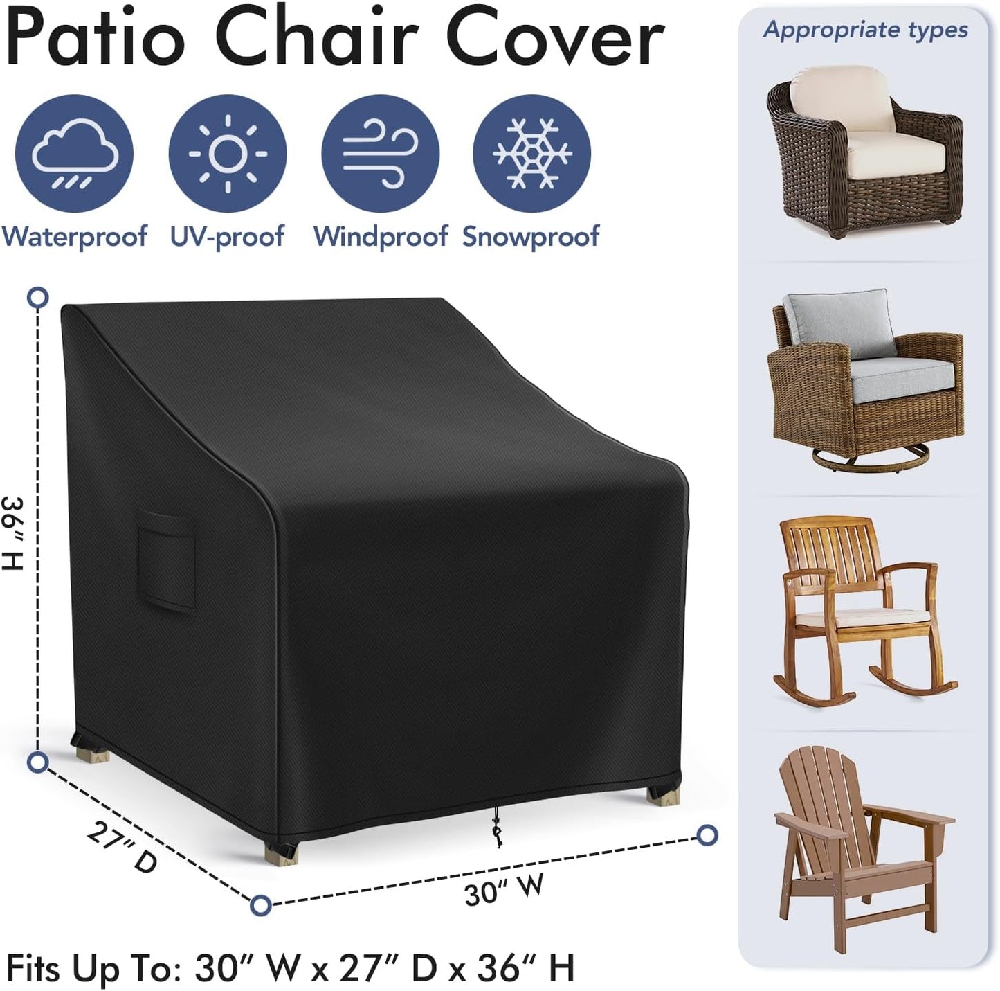 Patio Furniture Covers Waterproof for Chairs, Lawn Outdoor Chair Covers 2 Pack, Patio Chair Covers for Outdoor Furniture Fits up to 30W x 27D x 36H inches, Black