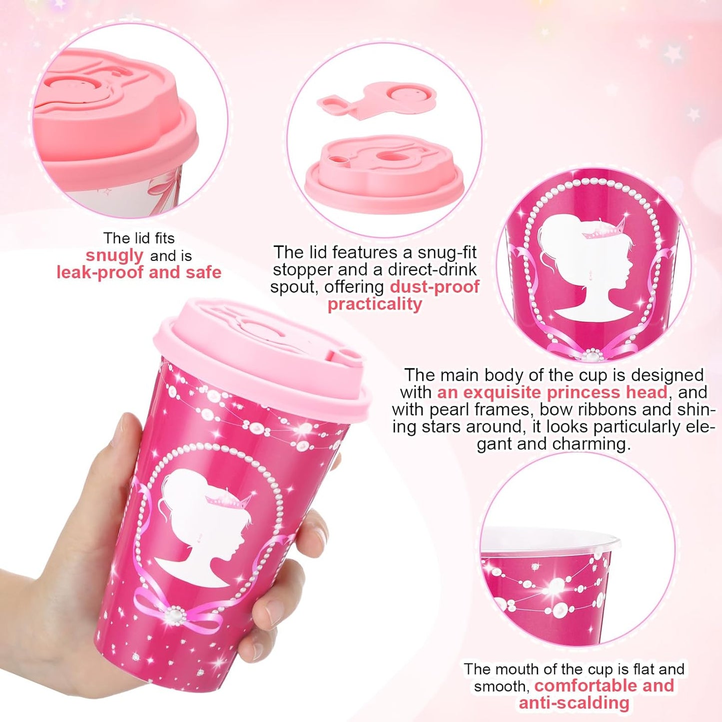 Yungyan 16 Sets Hot Pink Girl Party Favors Goodie Cups with Lids and Straws for Birthday Decorations Reusable 16oz Plastic Candy Cups Plastic Straws for Birthday Party (Pink Princess)