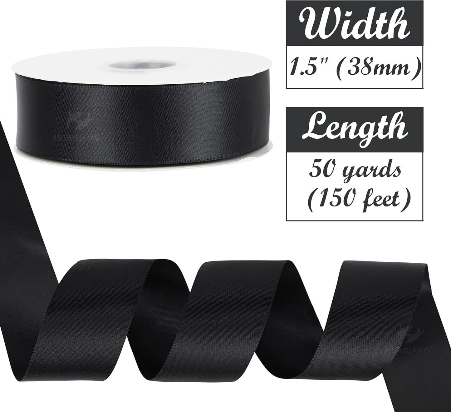 HUIHUANG 1-1/2 inch Double Face Satin Ribbon, Polyester Satin Black Ribbon 50 Yards Per Roll for Gift Wrapping Bows Making Floral Bouquet Wedding Decor Baby Shower Party Favor and Craft Supplies
