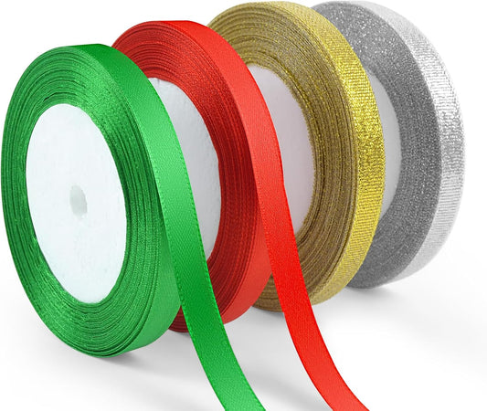 4 Rolls 3/8" Christmas Glitter & Satin Ribbons Set, Total 100 Yards Xmas Holiday Ribbon for Gift Wrapping, Crafts, Festival Ornaments, Wedding Party Decoration