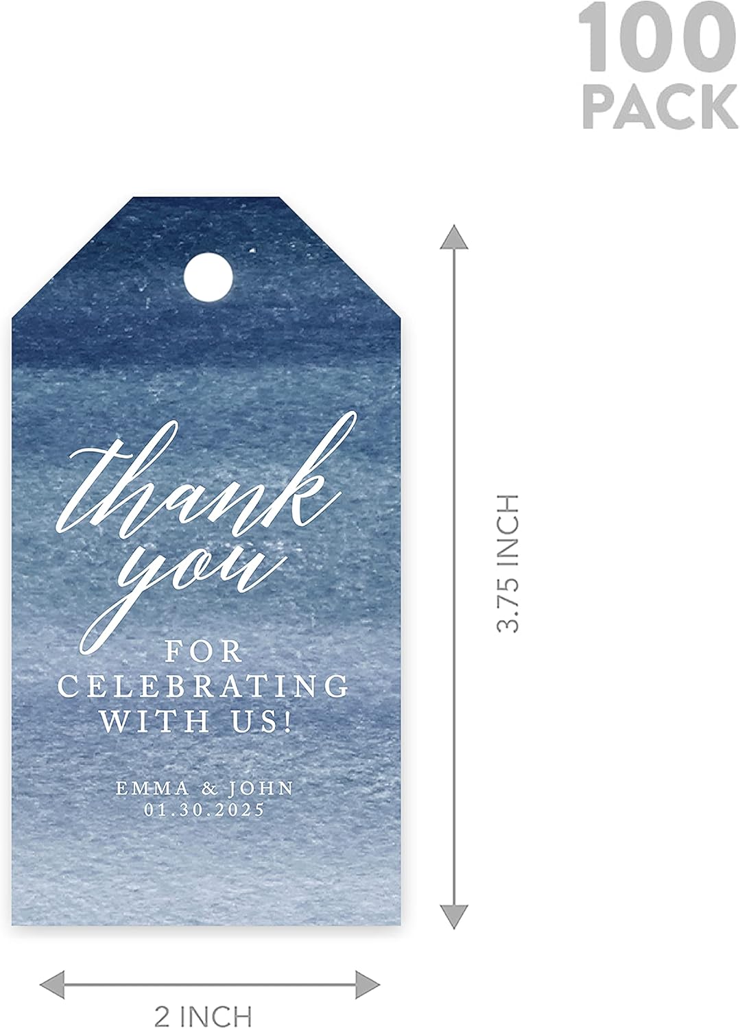 Andaz Press 100-Pack Personalized Thank You for Celebrating with Us Wedding Favor Tags with Bakers Twine Navy Blue Ombre Watercolor Custom Cardstock Wedding Gift Tags for Party Favors 2 x 3.75-Inches
