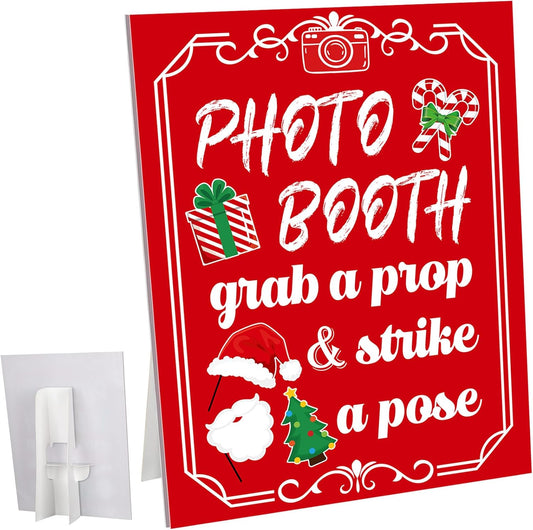 Photo Booth Sign with Stand Retro Background Table for Christmas Indoor and Outdoor Party Theme Event Photography Props Desktop Decoration Supplies