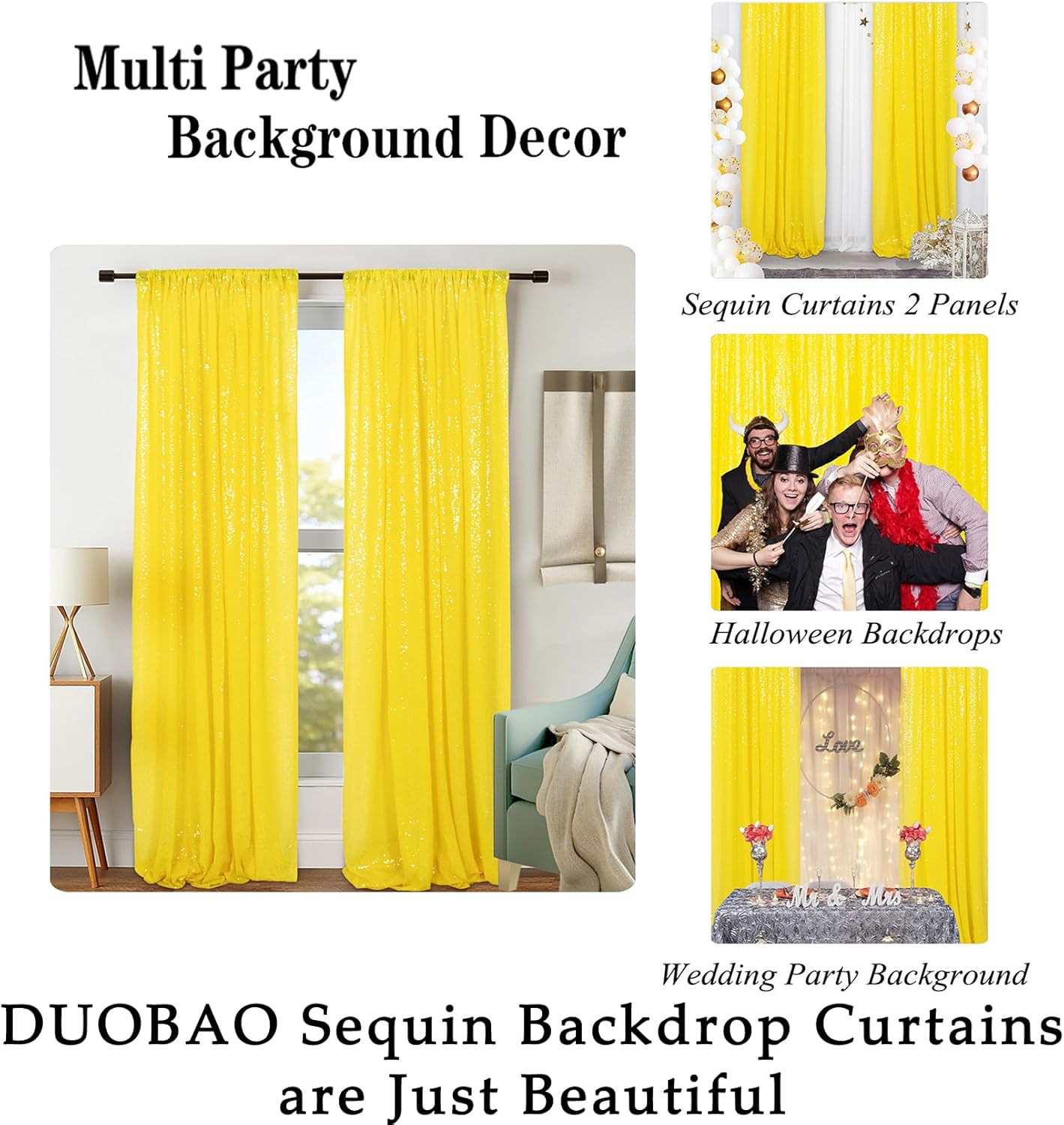 DUOBAO Sequin-Backdrop-Curtains 2 Panels 2FTx7FT Shower Backdrop Curtain Sequin Background Wedding Evening Backdrops Curtains with Rod Pockets Sequins Photo Photography(2FTx7FT, Yellow)
