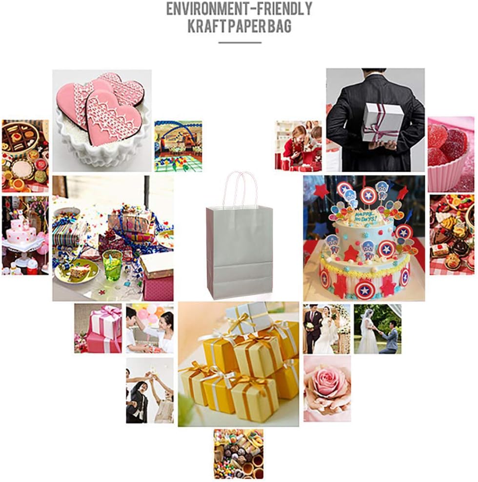 25 PCS Small Gift Bags Flat Gray Kraft Paper Bags with Handles for Party Favor (8.2 x 6 x 3.1 In)