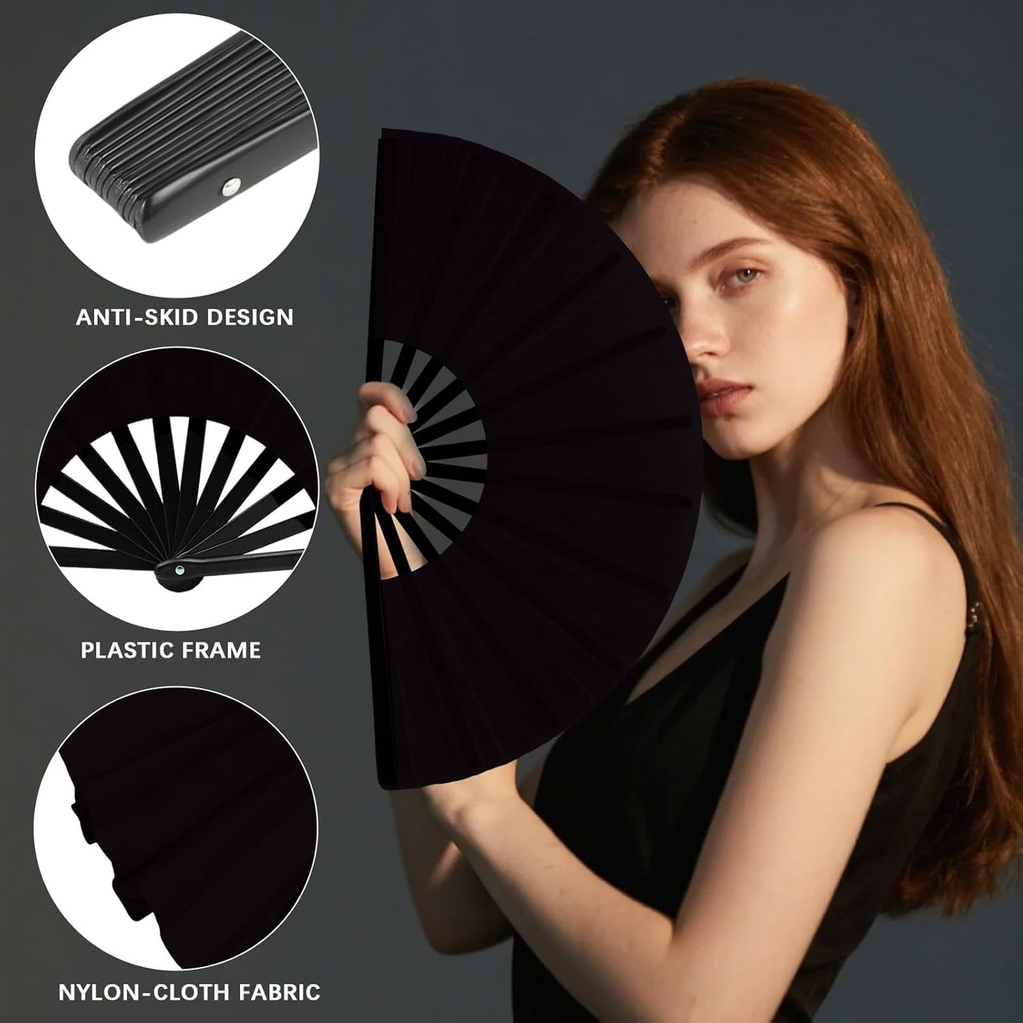 13inch Large Rave Fan Popping Clacking Fans for Line Dancing,Hand Fans for Women Foldable,Boots on The Ground Fan,Portable for Outdoor,Wedding,Party,Decoration (4pcs Black)
