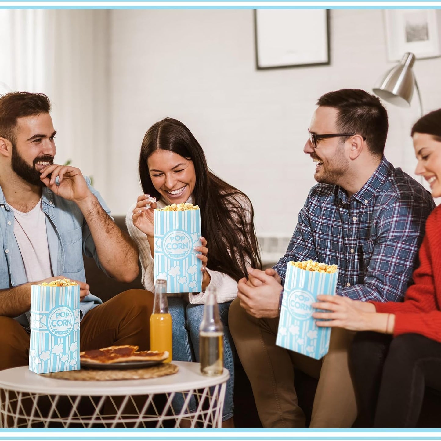 200 Pcs Paper Popcorn Bags Bulk 2 oz Large Flat Bottom Boxes Red and White Disposable Container Sleeve Movie Night Popcorn Bucket for Retro Movie Themed Party Carnival Supplies (Light Blue and White)