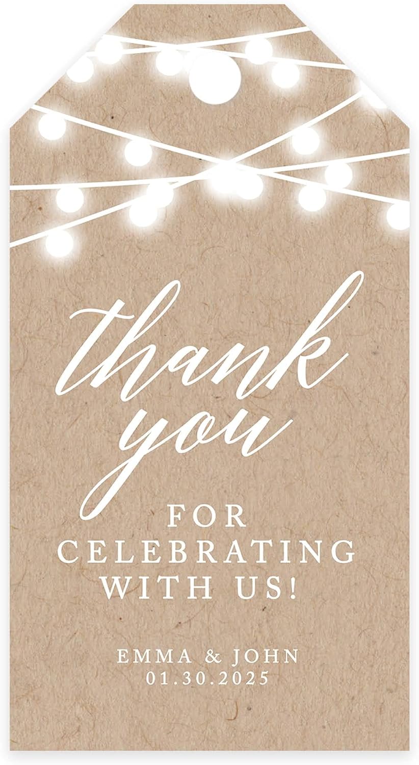 Andaz Press 100-Pack Personalized Thank You for Celebrating with Us Wedding Favor Tags with Bakers Twine Rustic String Lights Custom Cardstock Wedding Gift Tags for Party Favors 2 x 3.75-Inches