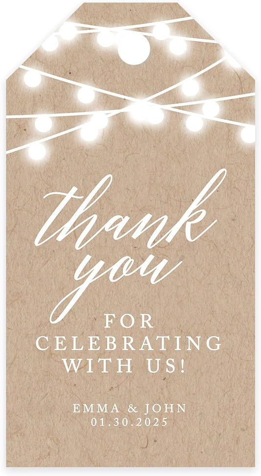 Andaz Press 100-Pack Personalized Thank You for Celebrating with Us Wedding Favor Tags with Bakers Twine Rustic String Lights Custom Cardstock Wedding Gift Tags for Party Favors 2 x 3.75-Inches