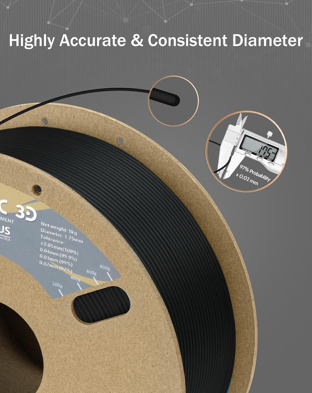 DURAMIC 3D PLA+ Filament 1.75mm 1Kg Black, PLA Plus Filament 1Kg Spool(2.2lbs) Tougher and Stronger, Dimensional Accuracy Probability +/- 0.02mm