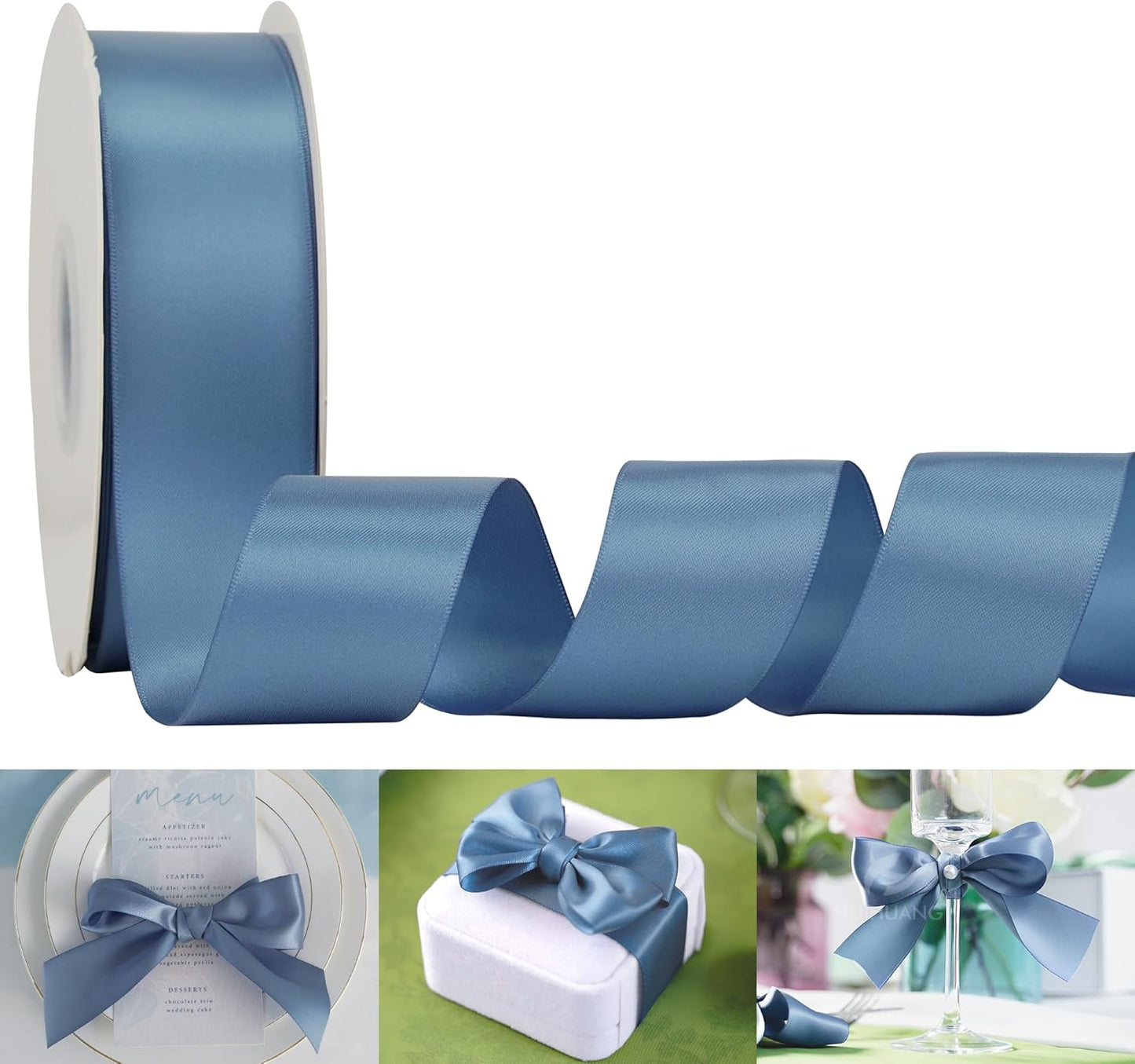 HUIHUANG 1-1/2 inch Double Face Satin Ribbon, Polyester Satin Smoke Blue Ribbon 50 Yards Per Roll for Gift Wrapping Bows Making Floral Bouquet Wedding Invitations Decor Party Favor and Craft Supplies