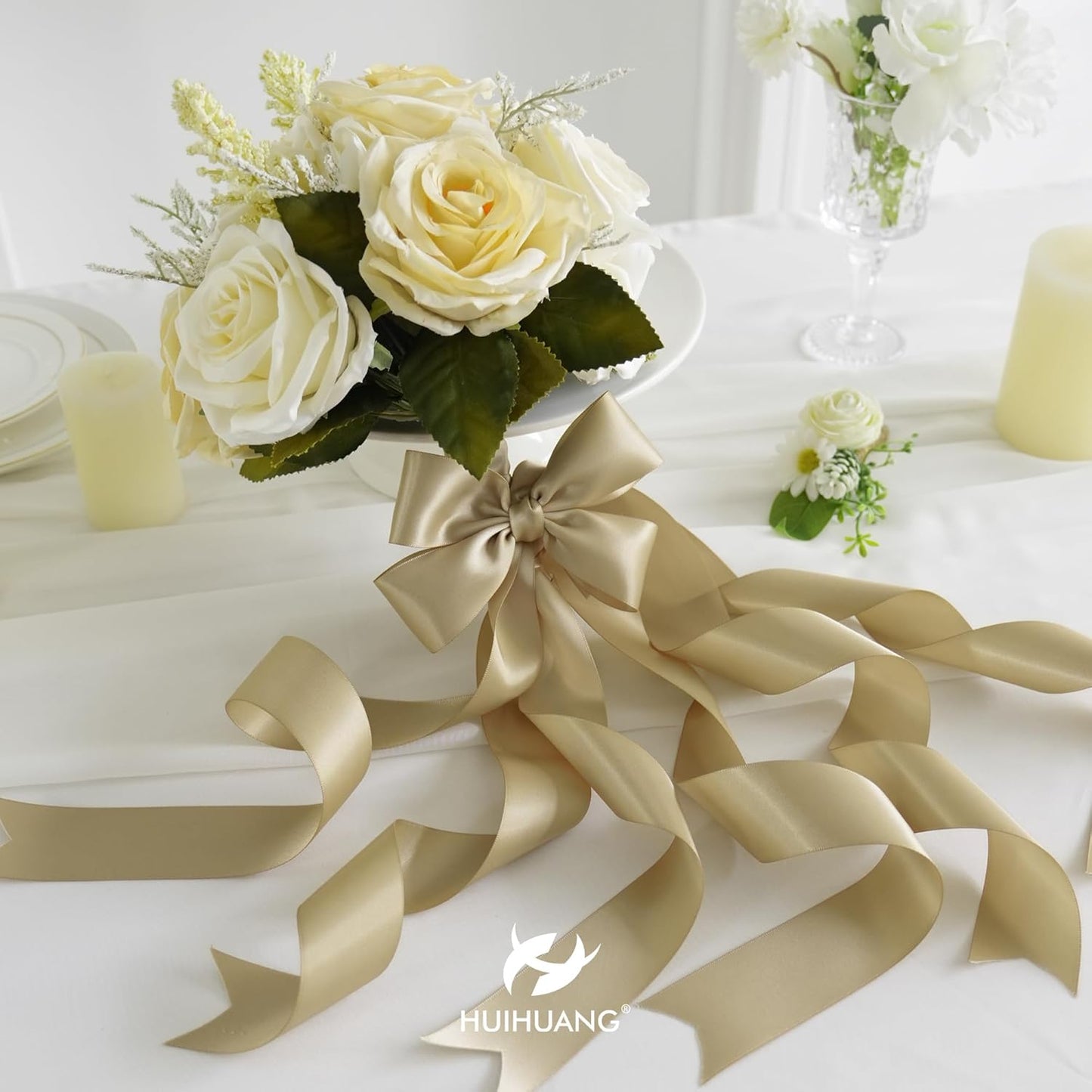 HUIHUANG Champagne Gold Satin Ribbon 1-1/2 inch x 50 Yards Champagne Double-Faced Satin Ribbon for Gift Wrapping, Bows, Flower Bouquet, Crafts, Bridal Shower Wedding Decor, Christmas Tree