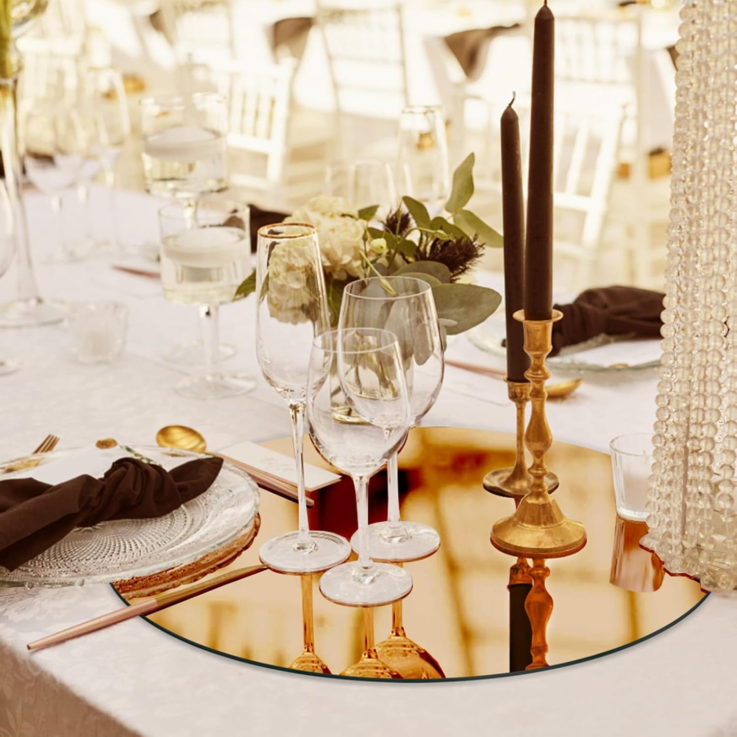 JAMBALAY 12″ Round Mirror Centerpieces for Tables, 12PCS Color Glass Mirror Table Centerpieces, Mirror Plates, Mirror Tray for Wedding, Party Centerpieces and Christmas Decorations, Gold