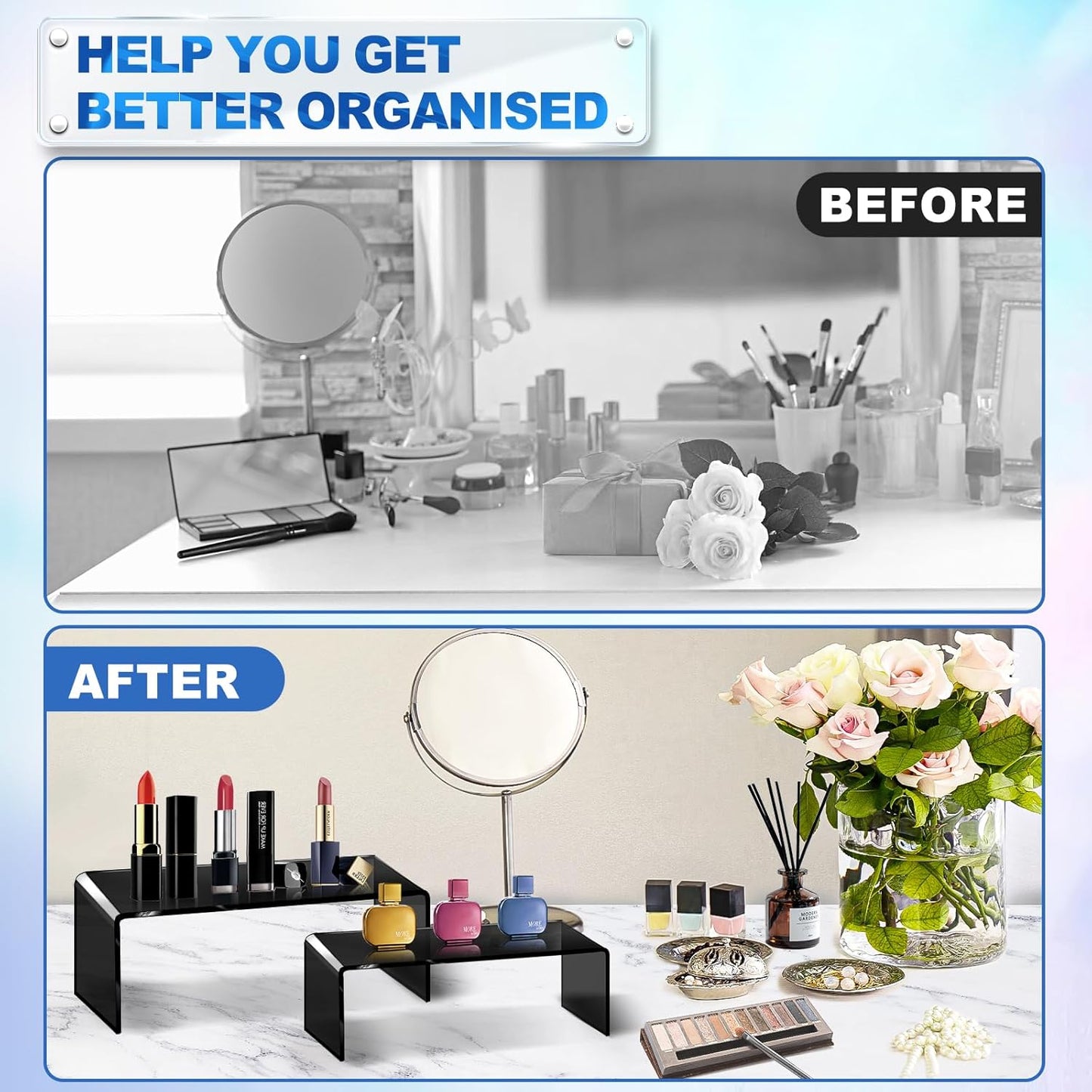 Aheroi Display Risers, 10 Pcs 2 Set(7”L~8”L~9”L) Acrylic Risers, Black Arylic Display Stands Acrylic Shelf Riser, Risers Display Stand Set for Decor, Cupcake Stands Display Showcase Holder for Toys