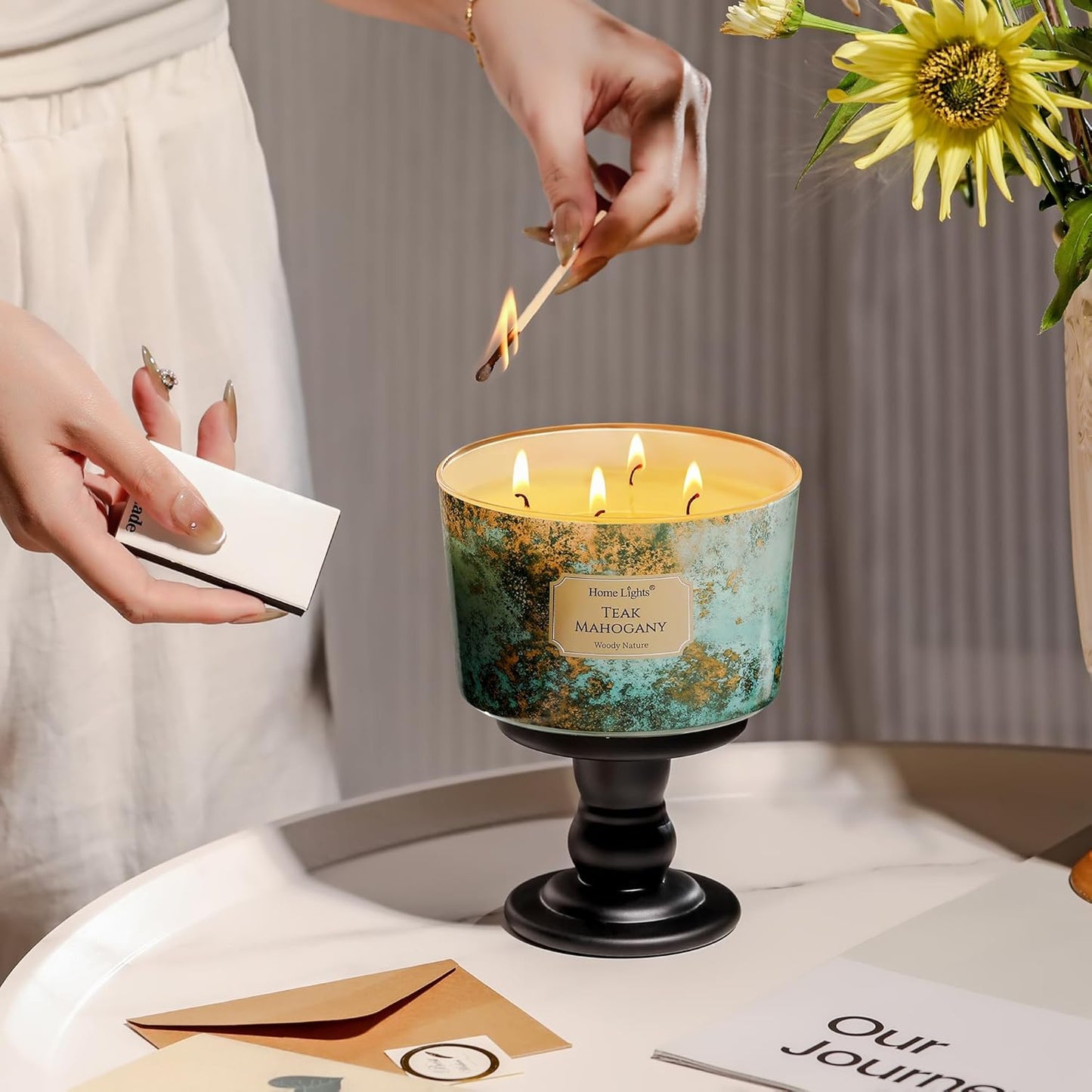 HomeLights Large jar Candle | 4-Wick Long-Lasting Scented Candles, 18oz Natural Soy Wax Candle for Home Scented, Industrial Chic Gifts for Women & Men, Teak Mahogany