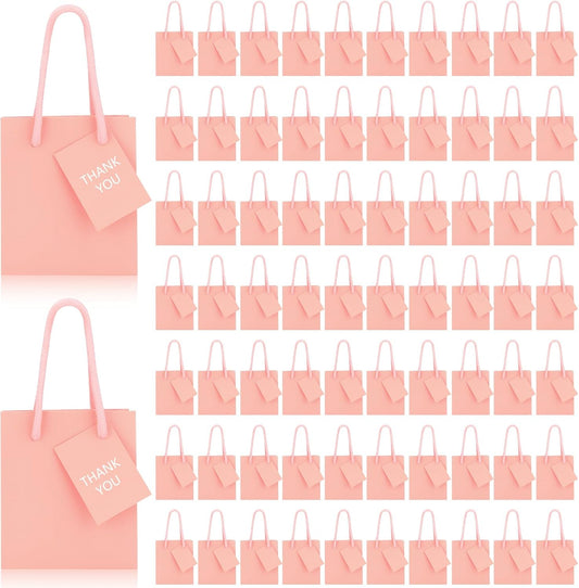 Sherr 100 Pack Mini Gift Bags Bulk, 4 x 2.75 x 4.5 Inches Paper Bags with Tags, Extra Small Paper Gift Boxes with Handles for Birthday, Party Favors, Weddings, Small Business(Pink)