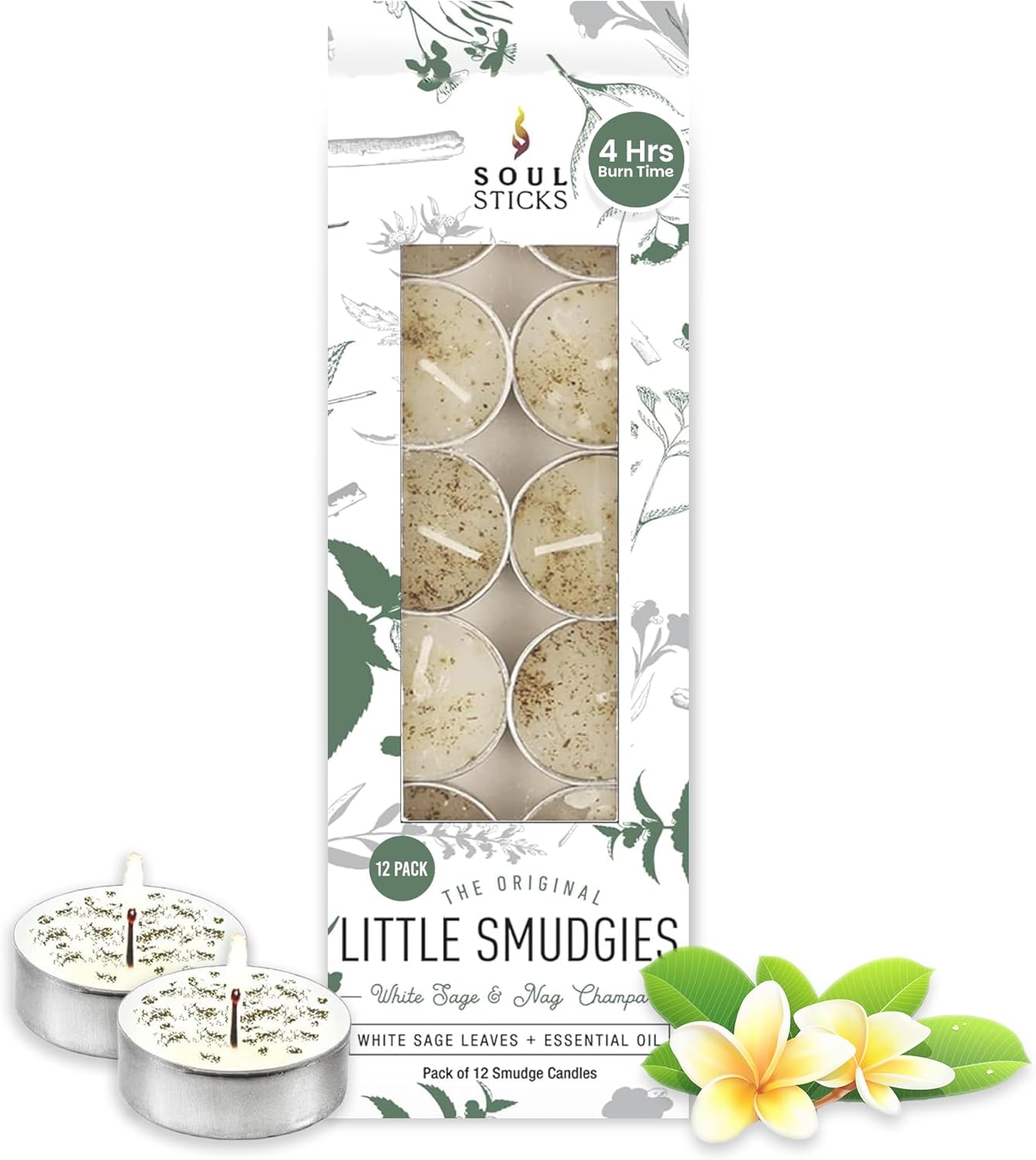 SOUL STICKS 12 Pack Little Smudgies Tealight Candles Smudge Candle for Cleansing House, Meditation, Chakra Healing | Made with Crystals and Herbs (White Sage & Nag Champa)