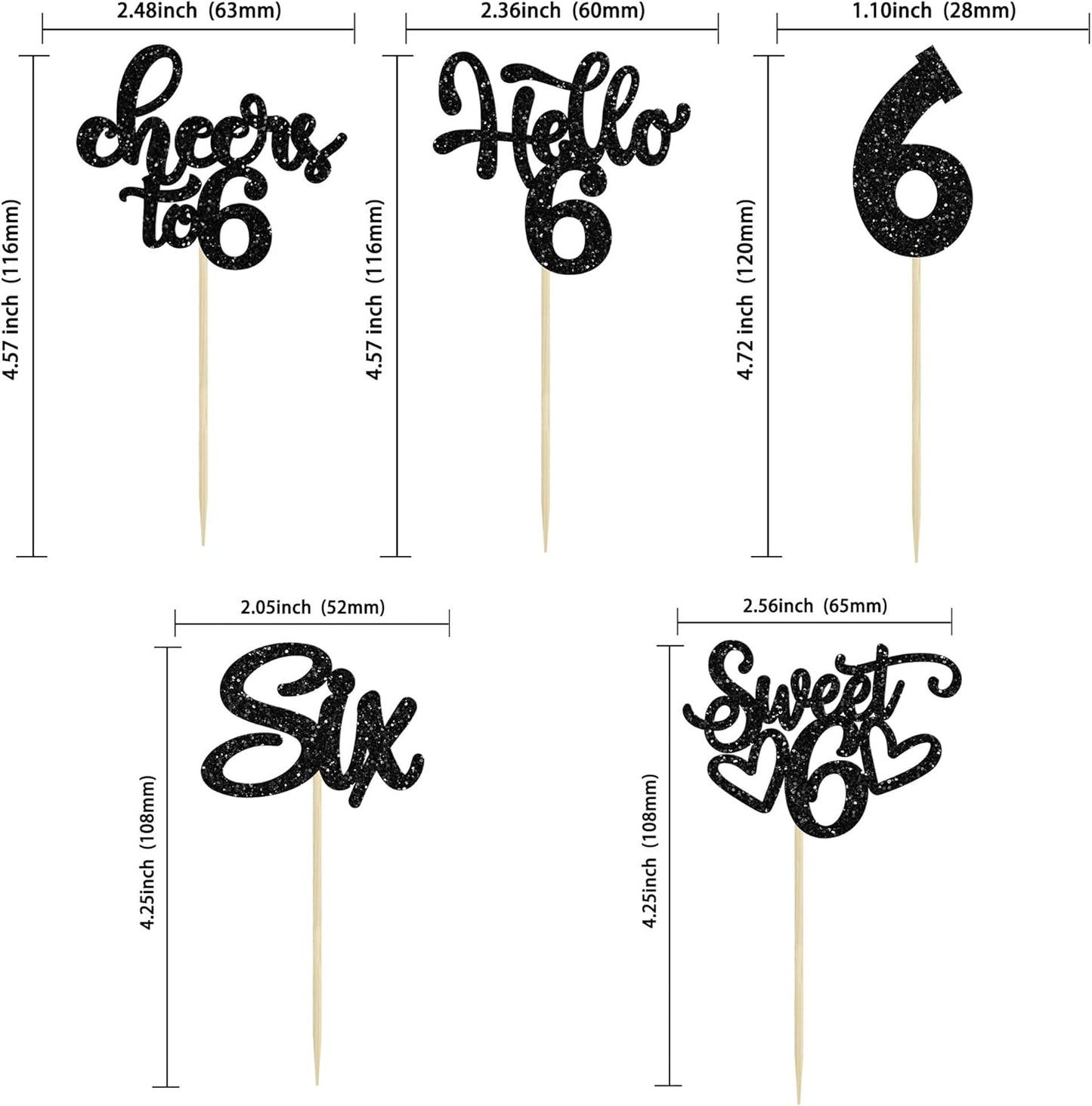 30Pcs 6th Birthday Cupcake Toppers Glitter Six Hello 6 Cupcake Picks Cheers to 6 Years Old Cake Decorations for 6th Birthday Party Supplies Black