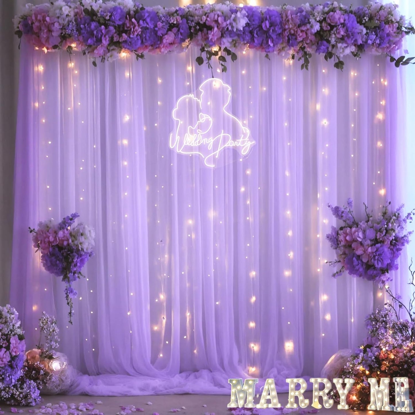Lavender Tulle Backdrop Curtain with Lights String for Wedding Baby Shower 20×8ft Lavender Sheer Backdrop Curtain for Bridal Shower Birthday Party Photoshoot Background Decorations(4 Panels 5×8ft)