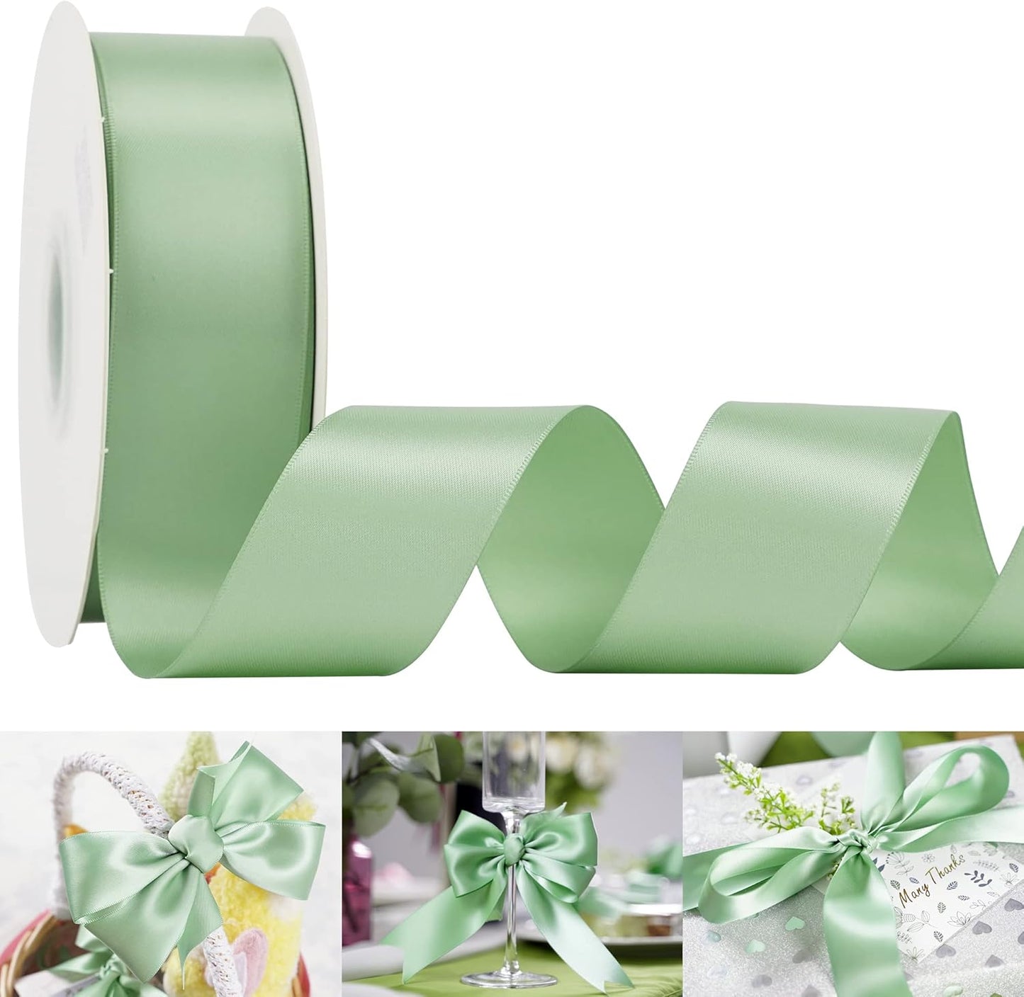 HUIHUANG 1-1/2 inch Double Face Satin Ribbon, Polyester Satin Sage Green Ribbon 50 Yards/Roll for Gift Wrapping Bows Making Floral Bouquet Wedding Invitation Decor Party Favor and Craft Supplies