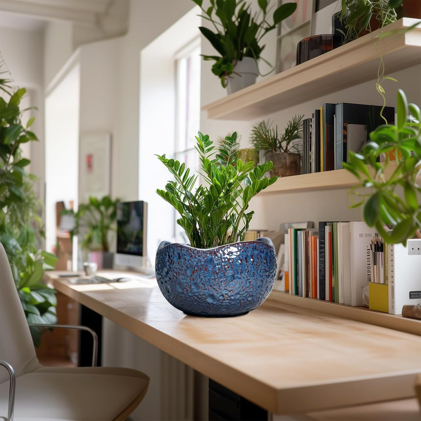 10 Inch Plant Pot - Ceramic Planter for Indoor Outdoor, Round Bonsai Pots, Decorative Flower Pots with Drainage Hole, Modern Unique Planters, House Decor, Home Gifts, Retro Blue