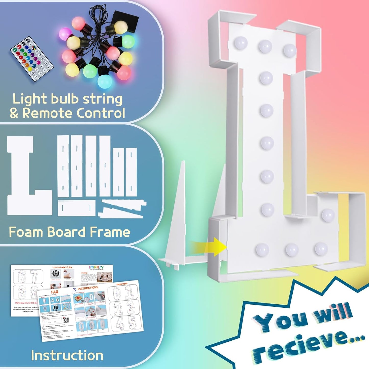 imprsv 4FT Colorful Marquee Light Up Letters L, 18 Colors Large Light up Letters Alphabet Sign with Remote, Large Marry Me Sign, Birthday Party Decorations Baby Shower Anniversary Wedding Decoration