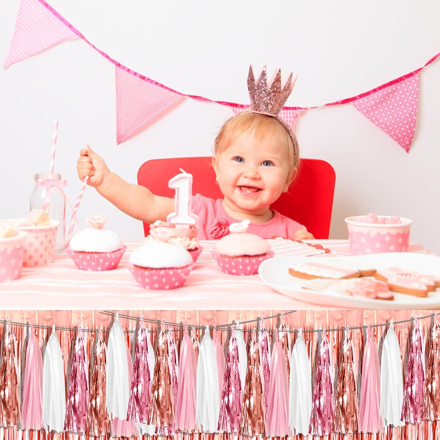 8P Pink White Peach Rose Gold Tassels Foil Fringe Metallic Garland Banner, Tassels Banner Streamers for Parade Floats, Wedding, Birthday, Christmas, Bridal/Baby Shower Graduation Party Decorations