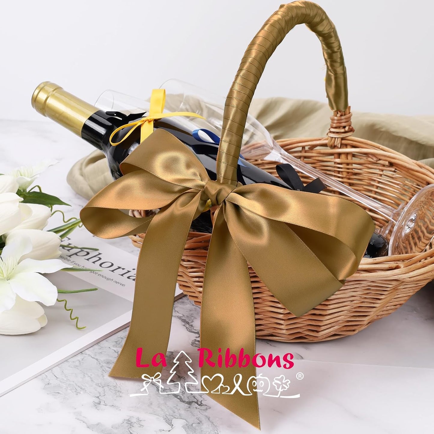 LaRibbons Pale Gold Satin Ribbon 1 Inch 25 Yards Double Faced Gold Silk Ribbon for Flower Bouquet Crafts Gift Wrapping Wedding Party Decoration