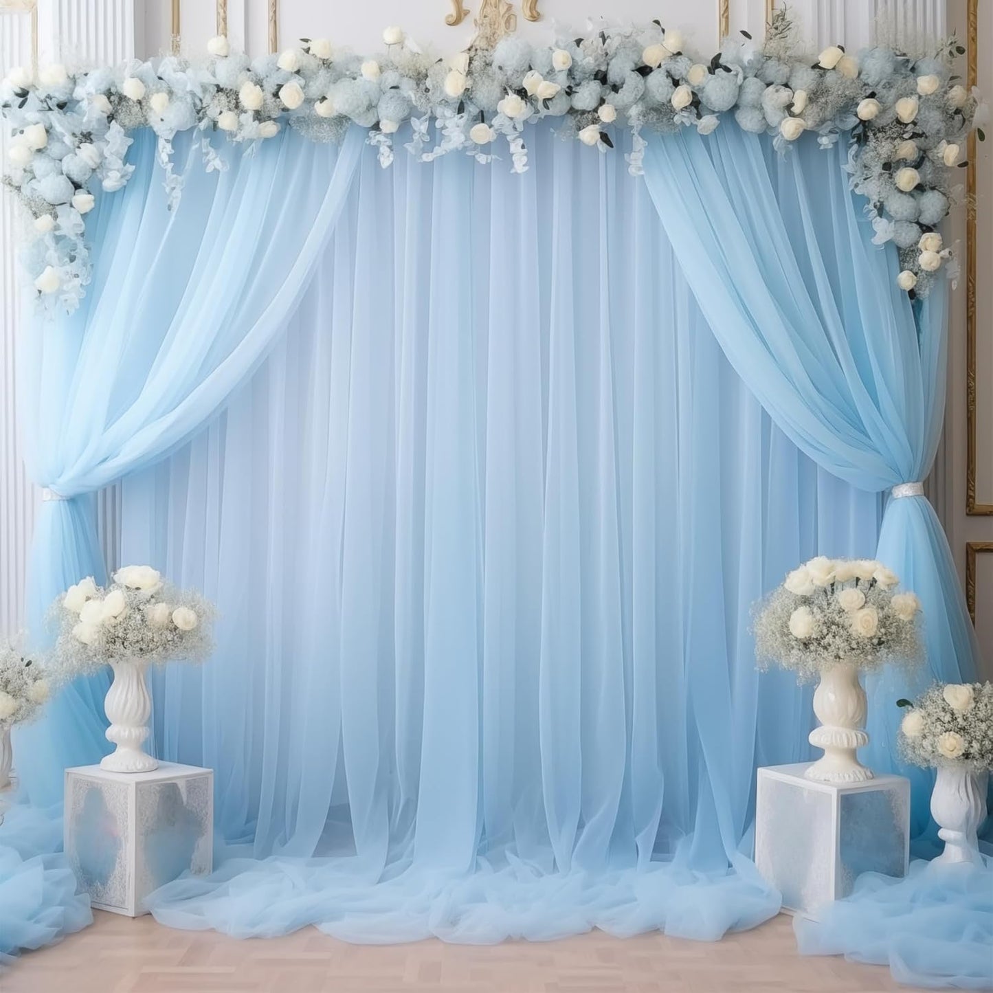 20x10 Blue Tulle Backdrop Curtains for Parties, Sheer Backdrop Curtain Wedding Photo Background Drapes for Baby Shower Photography Birthday Party