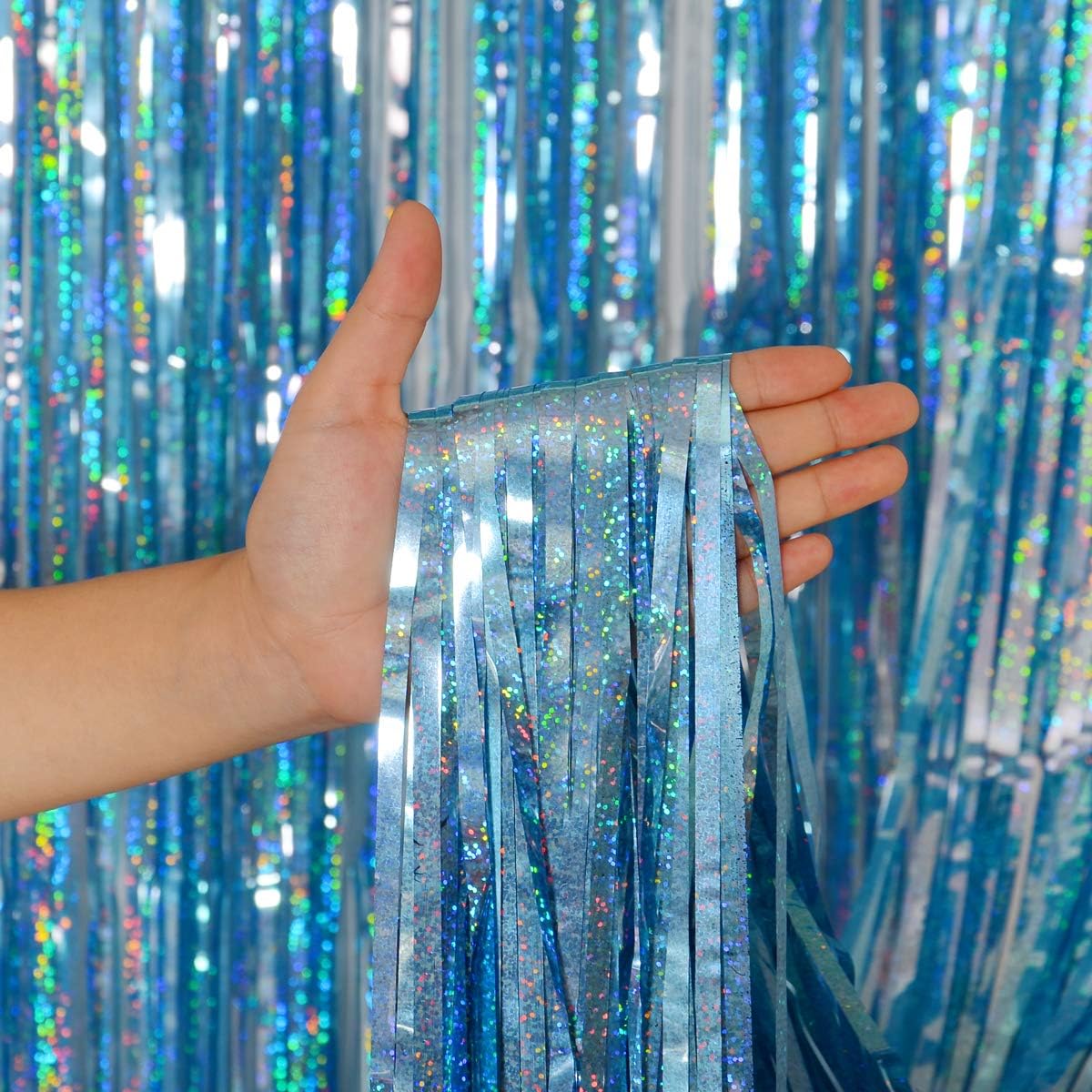 Foil Fringe Curtains Party Decorations - Melsan 3 Pack 3.2 x 8.2 ft Tinsel Curtain Party Photo Backdrop for Birthday Party Baby Shower or Graduation Decorations Light Blue