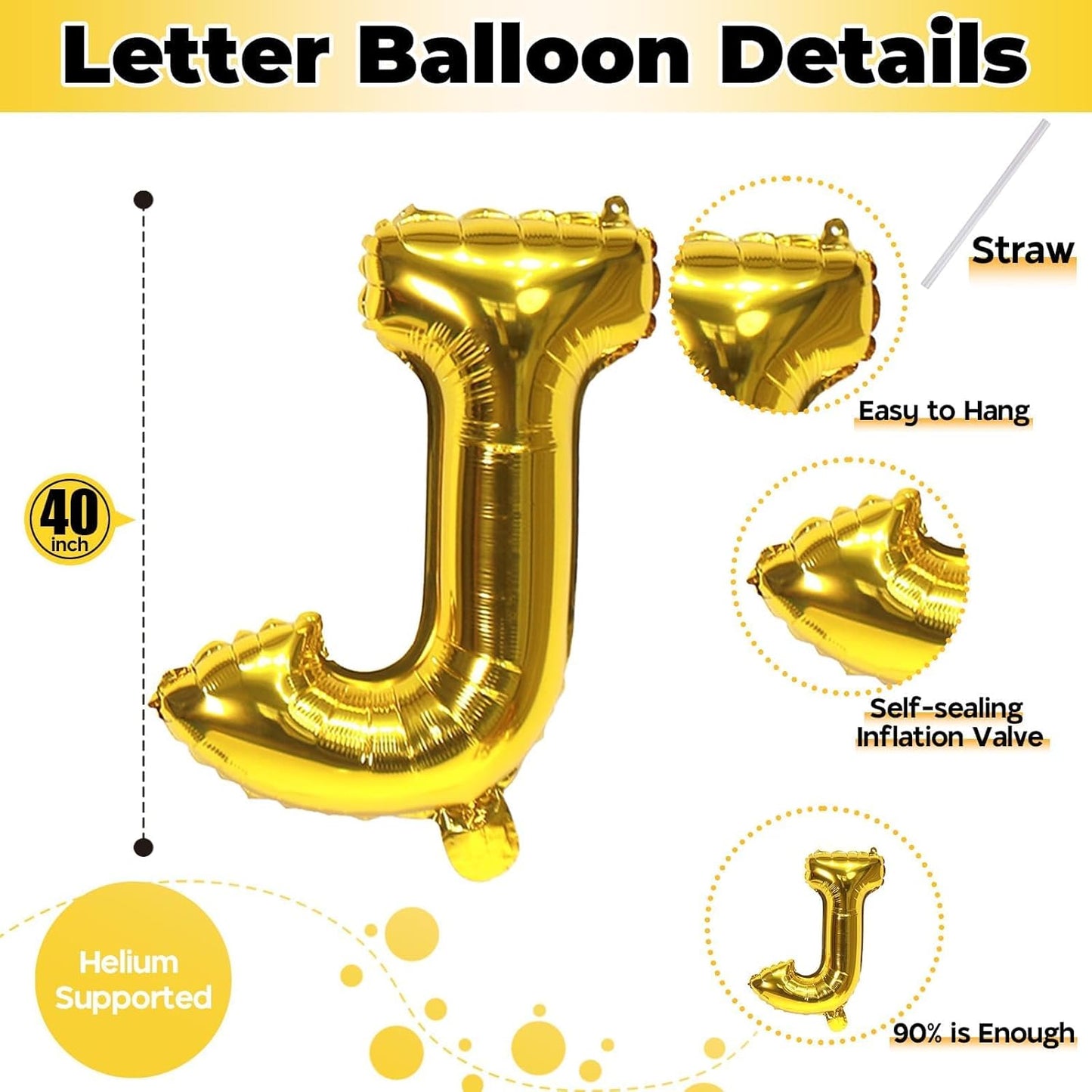 Big Alphabet J Foil Letter Balloons 40 Inch Self Inflating Name Balloon Decor for Women's Birthday & Anniversary