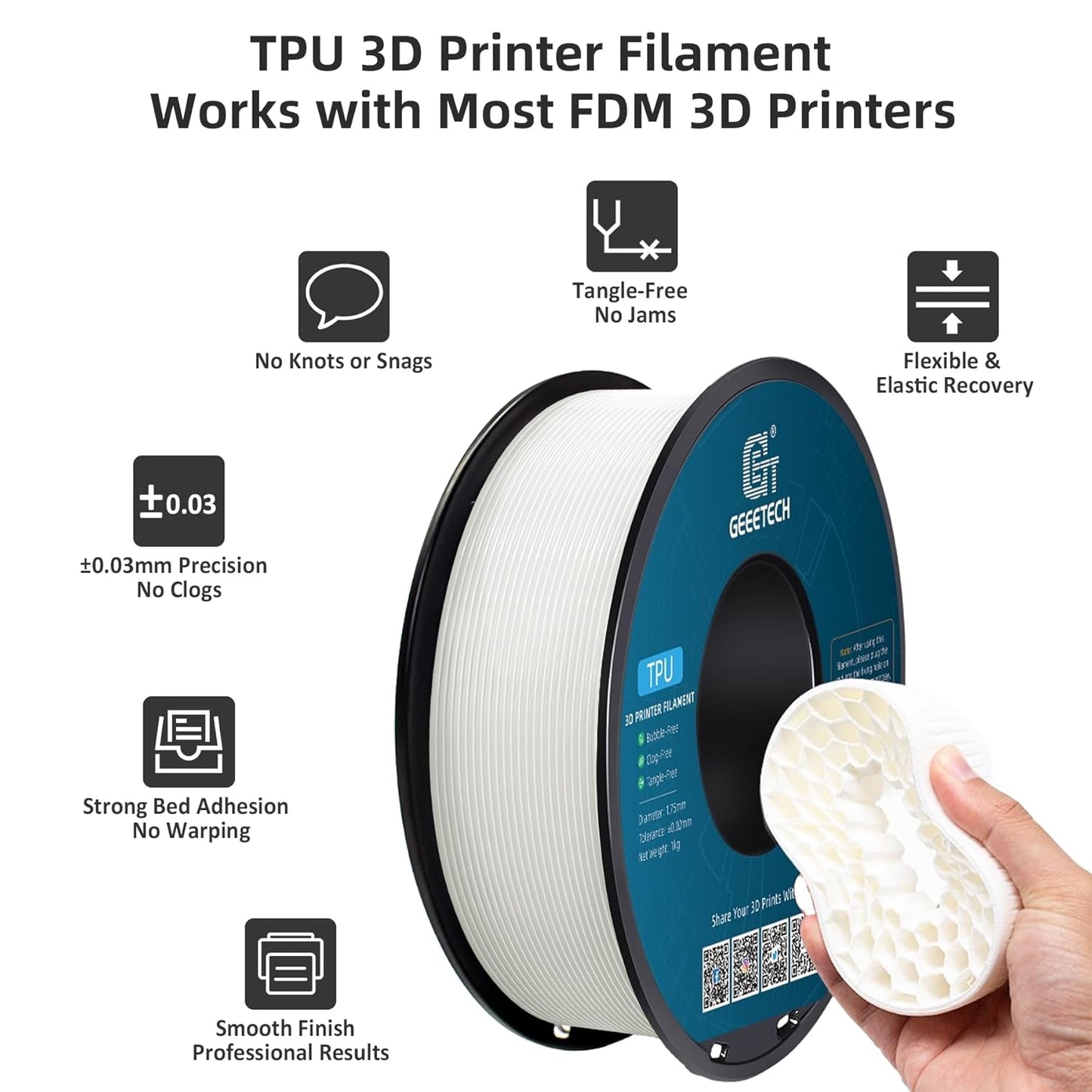 Geeetech TPU Filament 1.75mm, Shore 95A – Flexible 3D Printer Filament with High Elasticity, 1KG (2.2lbs) Spool, Dimensional Accuracy ±0.03mm, Fits Most FDM Printers (White)