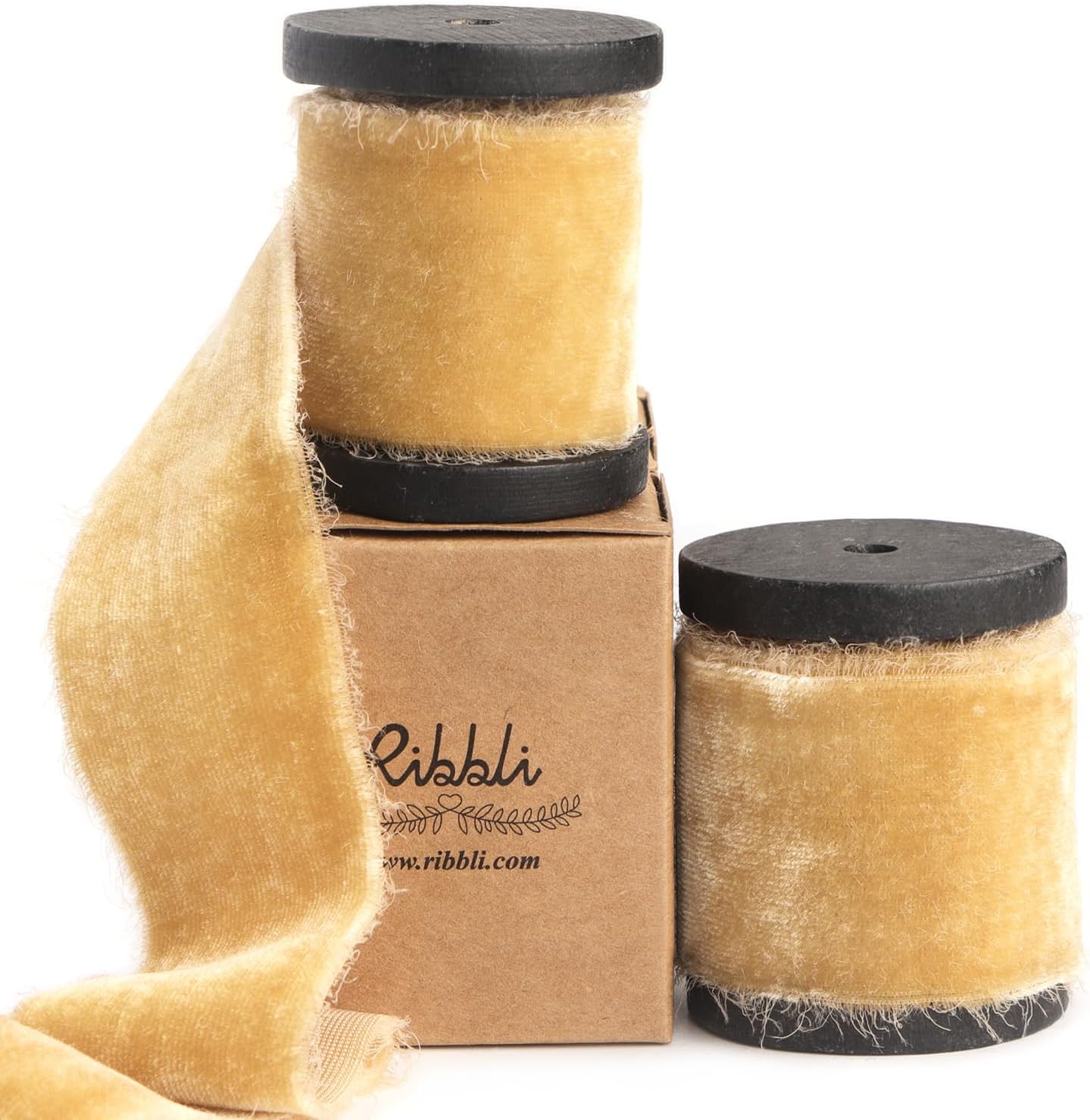 Ribbli Champagne Gold Velvet Ribbon 1.5 Inch Handmade Frayed Vintage Christmas Ribbon for Gift Wrapping Christmas Tree Ornament Wreath Craft Home Decor -Total 3 Yards with Wooden Spool