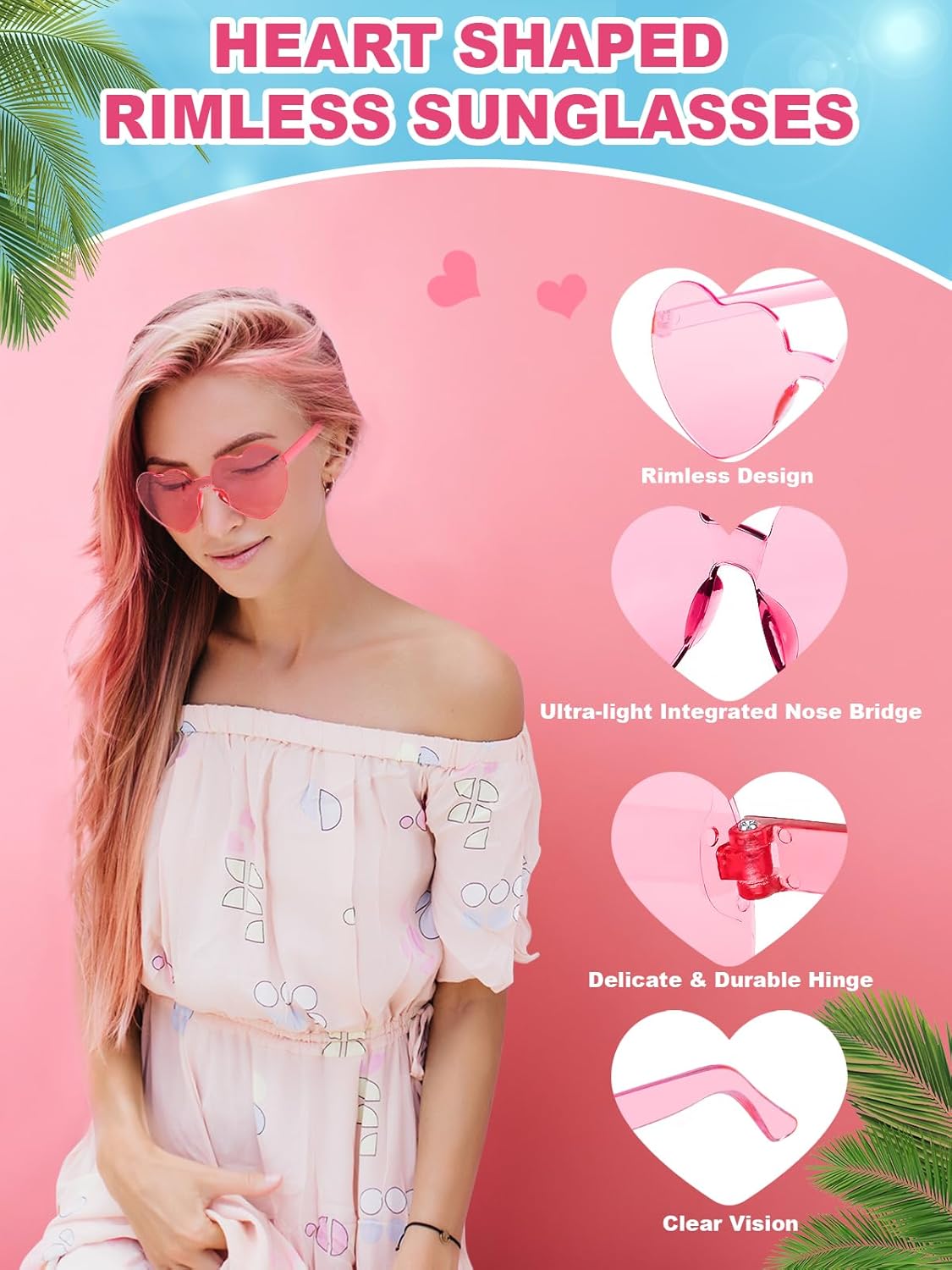 12 Pairs Heart Shaped Sunglasses for Women Colorful Glasses Fun Trendy Transparent Heart Sunglasses Party Favor (Pink, Rose Red)