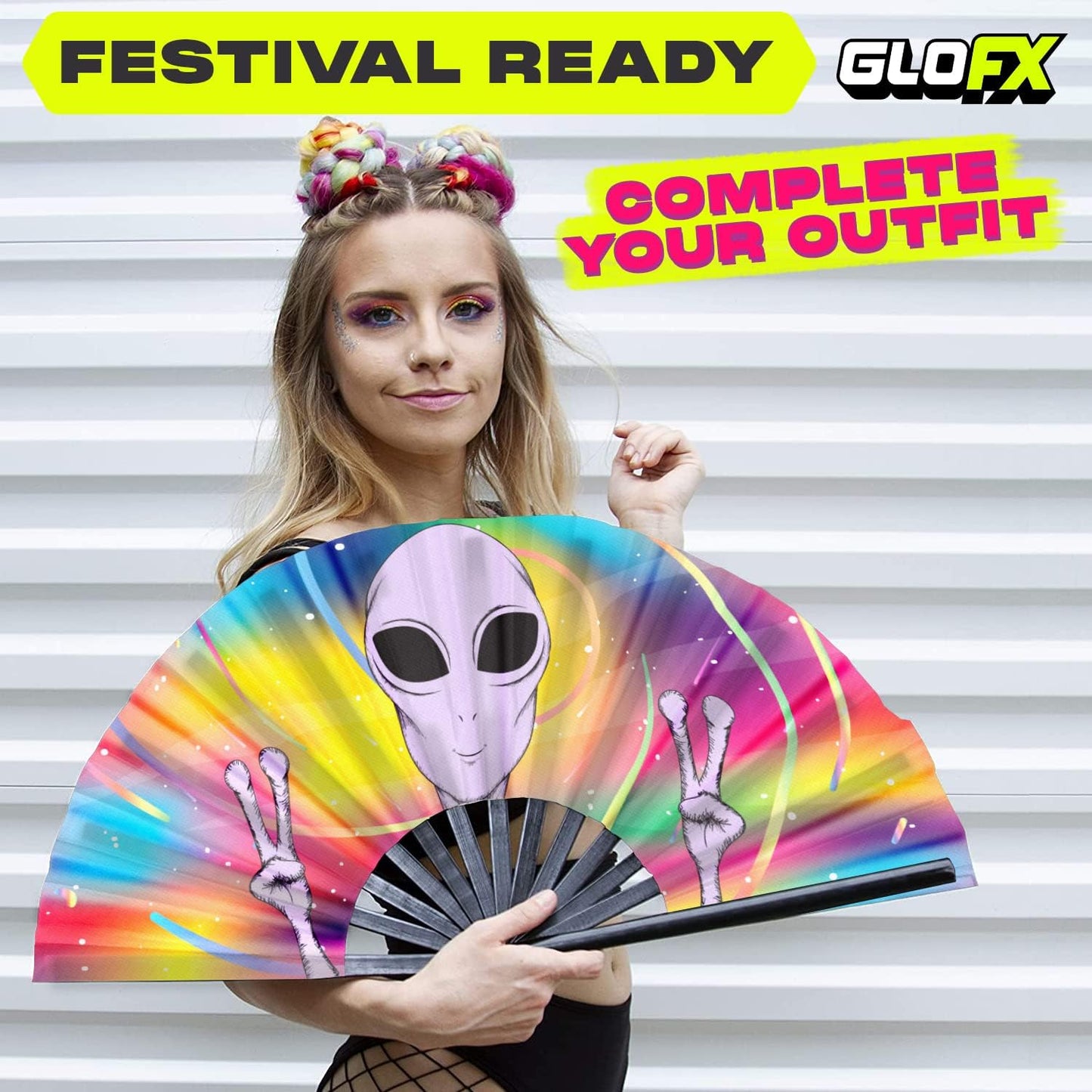 GloFX Rave Fan - Rainbow Alien - Large Folding Fan - Festival Gear for Music Festival Outfits, Rave Enthusiasts, and Cosmic Vibes