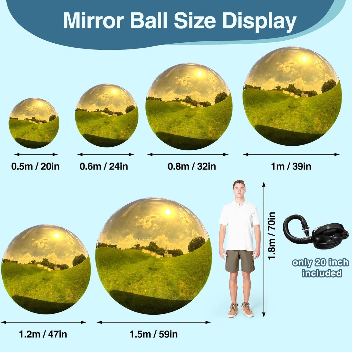 Inflatable Mirror Ball, Gold Big Shinny Balls Reusable Large PVC Disco Ball Balloon for Large Event Decoration, Party, Wedding Decor, Concerts, Stage (1 Pcs, 0.5m/19.7in with Air Pump)