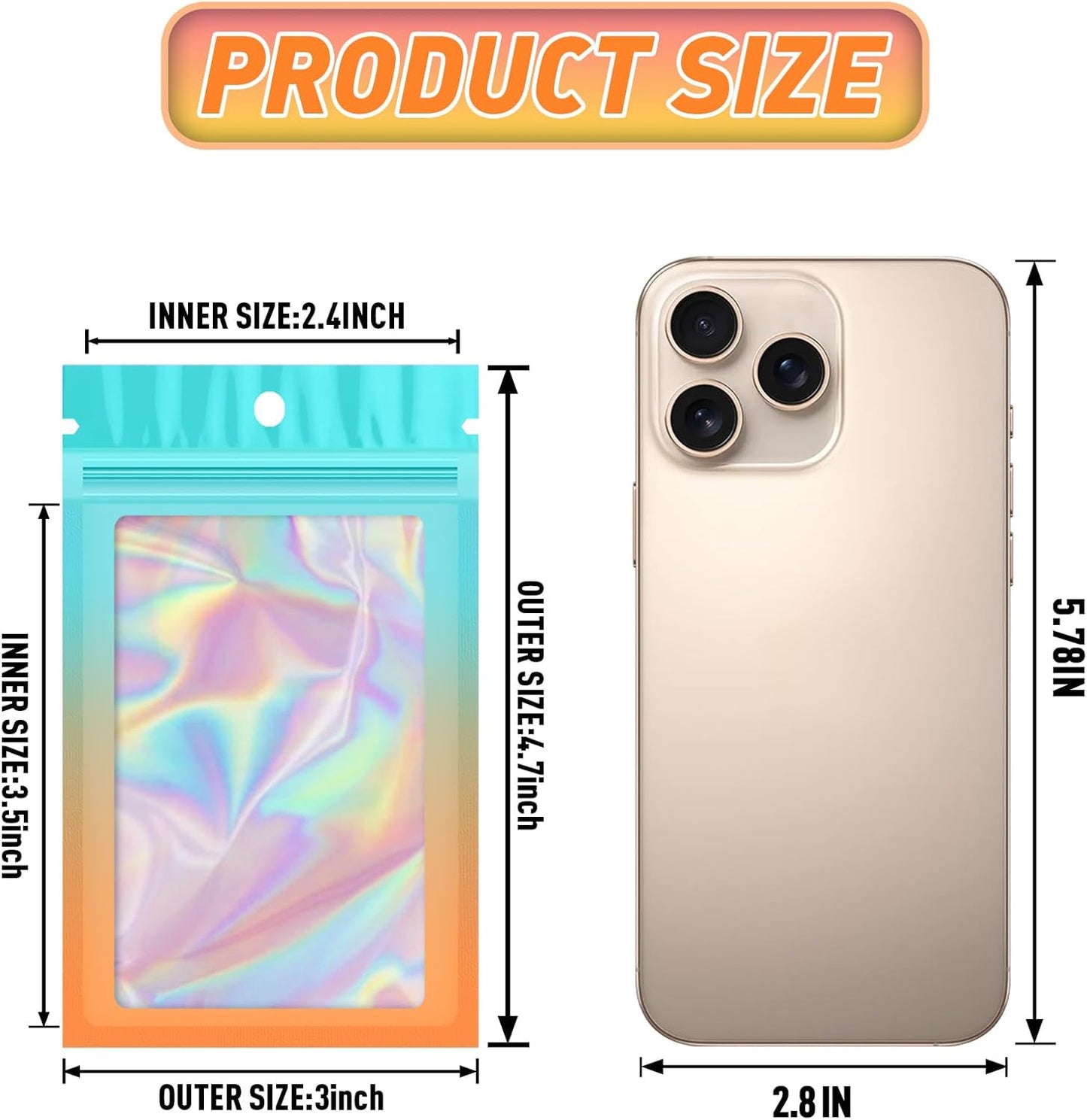 Funfery 100 Pack Gradient Holographic Bags,Resealable Mylar Bags with Zipper,Clear Window Packaging Pouch,Foil Smell Proof Bags for Food Storage,Sample Jewelry Baggies(3×4.7in,Blue Orange)