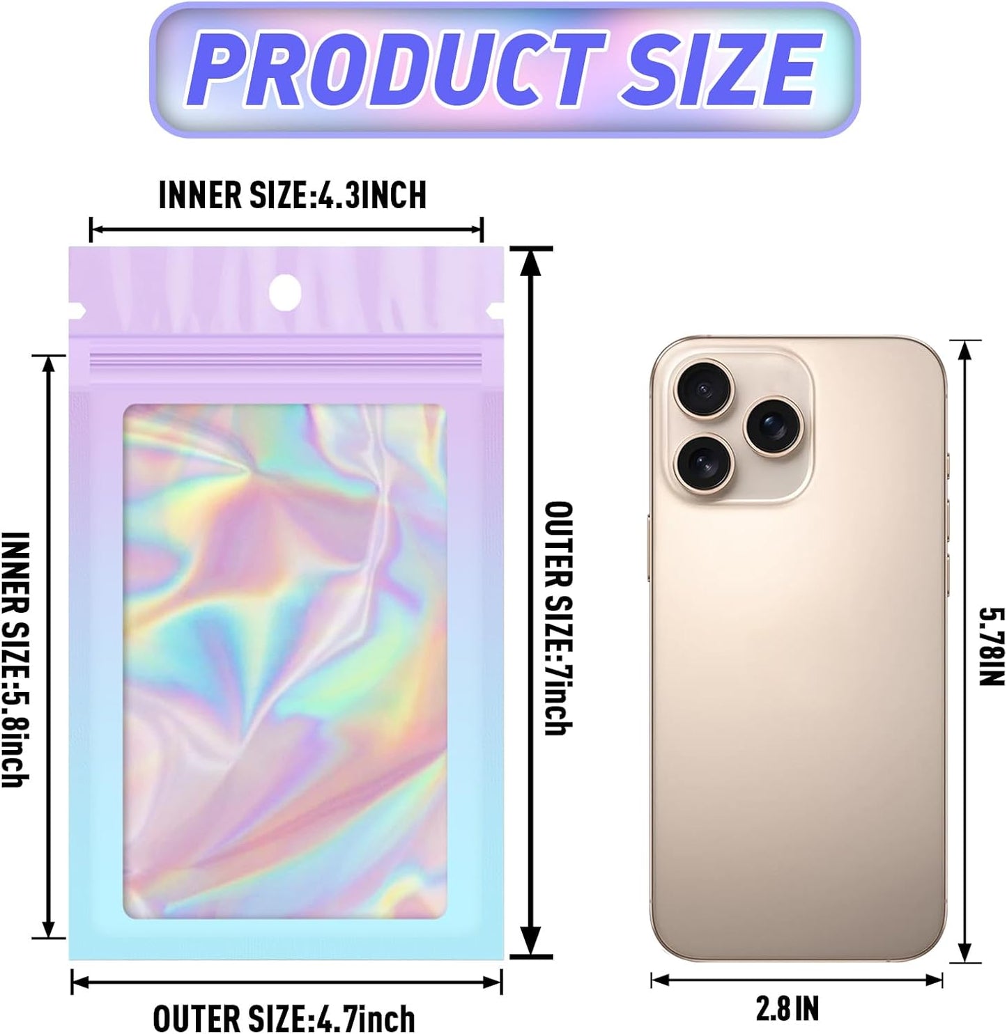 Funfery 100 Pack Holographic Bags,Resealable Bags with Zipper,Clear Window Packaging Pouch,Foil Bag for Food Storage,Sample Jewelry Bag(4.7×7In,Purple Blue)