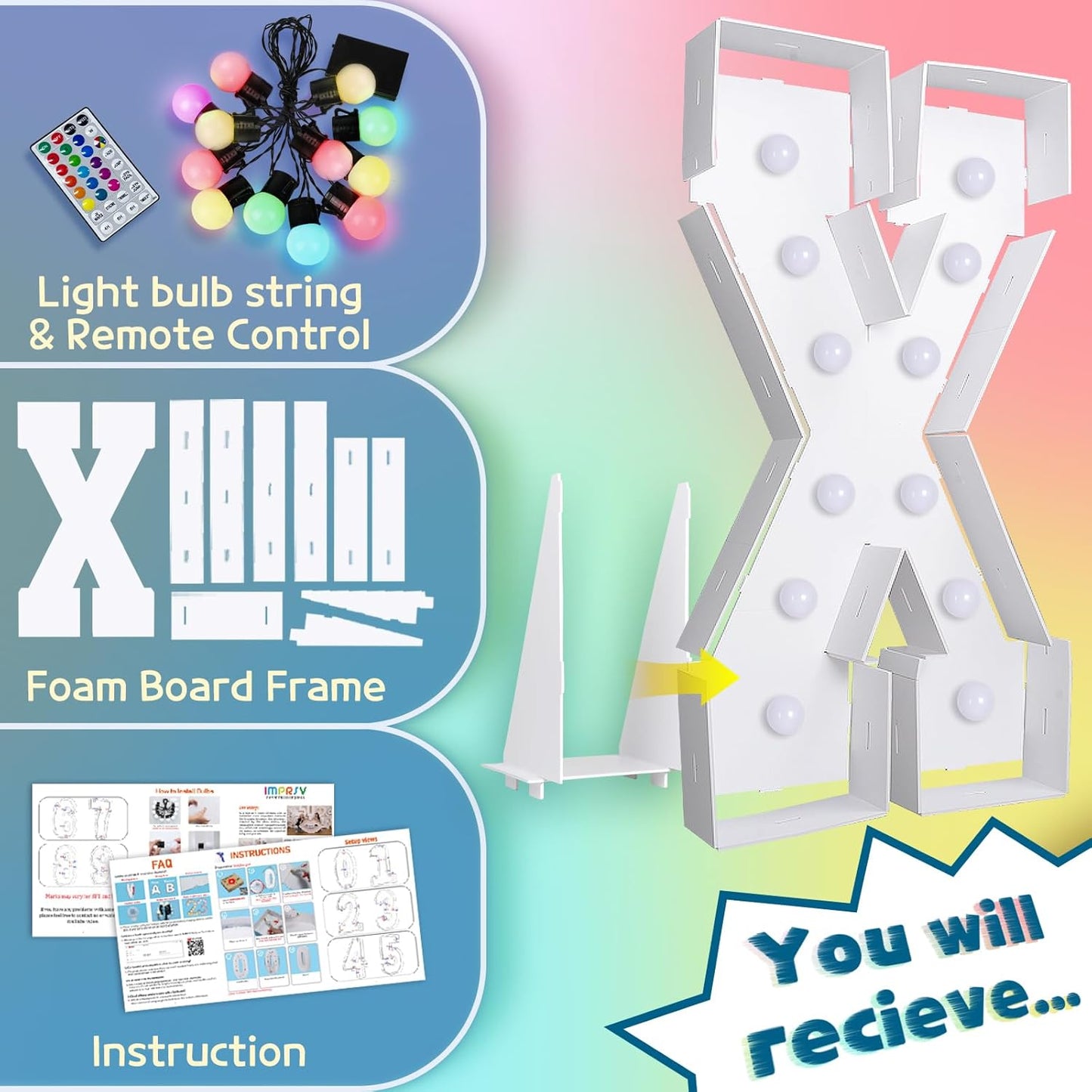 imprsv 4FT Colorful Marquee Light Up Letters X, 18 Colors Large Light up Letters Alphabet Sign with Remote, Large Marry Me Sign, Birthday Party Decorations Baby Shower Anniversary Wedding Decoration