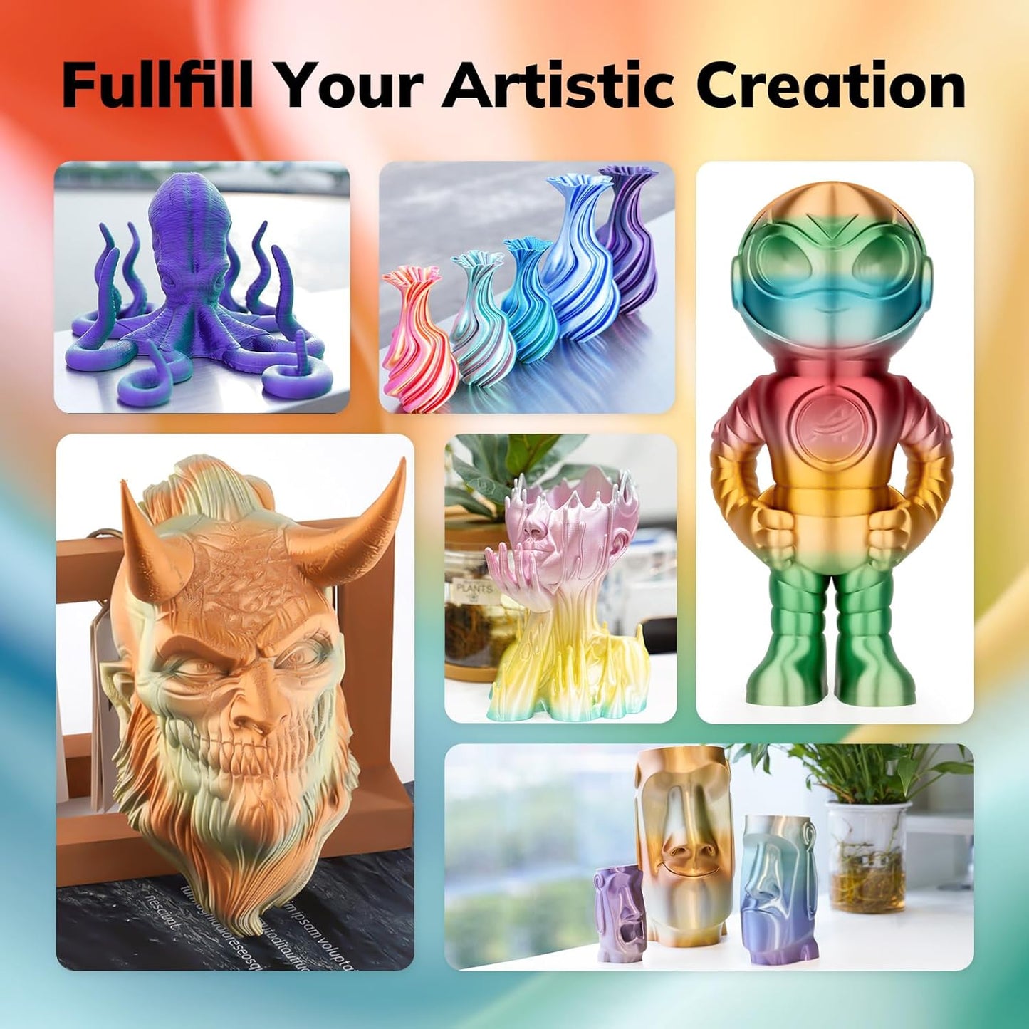 AMOLEN Silk PLA 3D Printer Filament, Shiny Multicolor Fusion Rainbow PLA Filament 1.75mm, Gradient Color Change PLA 3D Printing Filament for Most FDM 3D Printer, Green Blue Red Yellow, 1kg (2.2lbs)