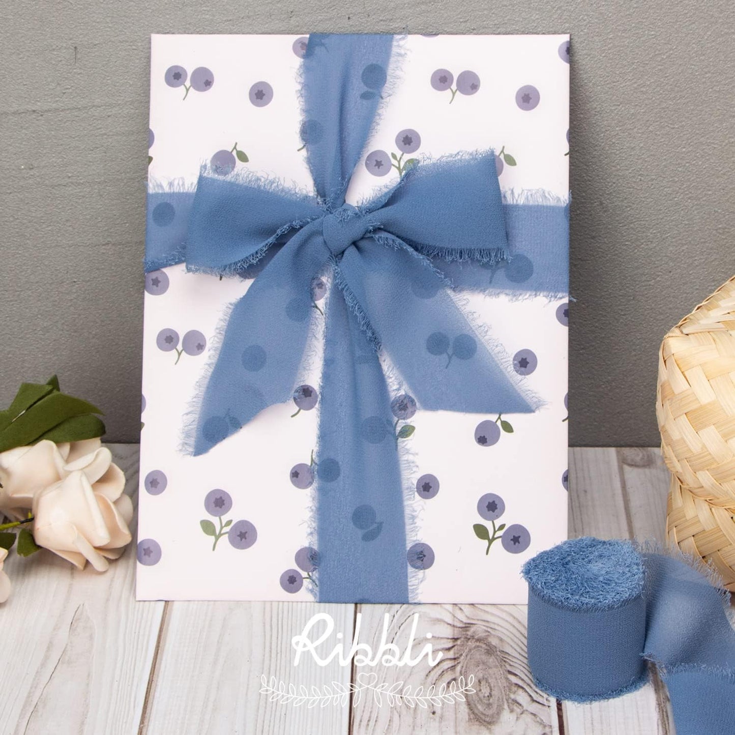 Ribbli Dusty Blue Chiffon Ribbon - 1-1/2 inch x 30 Yard Handmade Fringe Silk Ribbon for Wedding Invitations, Bridal Bouquets, Flower Arrangements