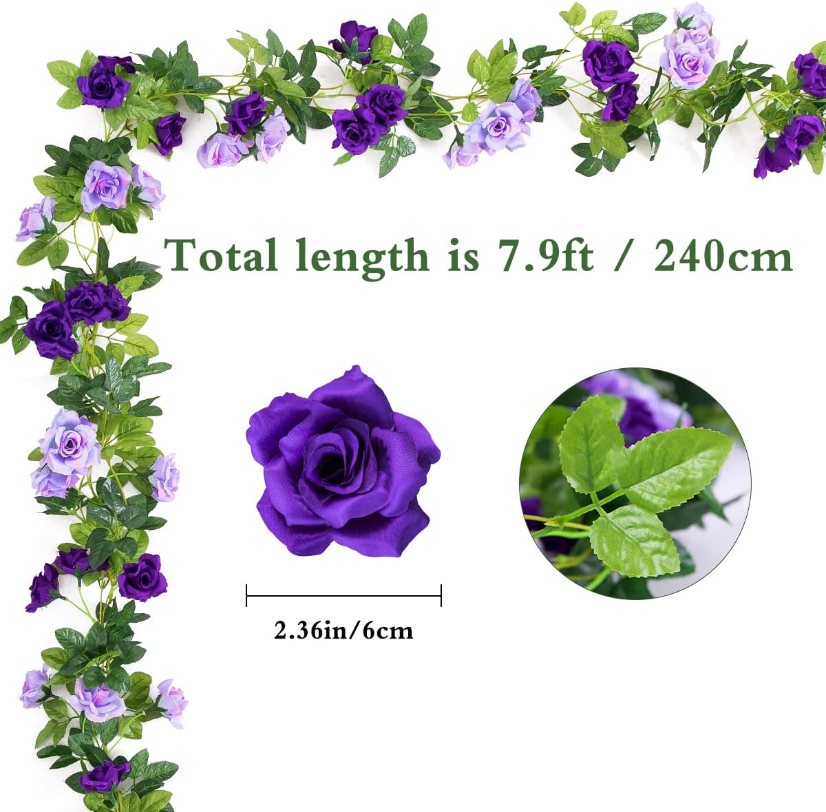 Kisflower 3Pack Artificial Rose Flower Garland, 23.7FT Fake Vines Silk Flowers Hanging Rose Ivy for Wedding Arch Decorations Room Party Home Garden Hotel Office Wall Decor (Purple)