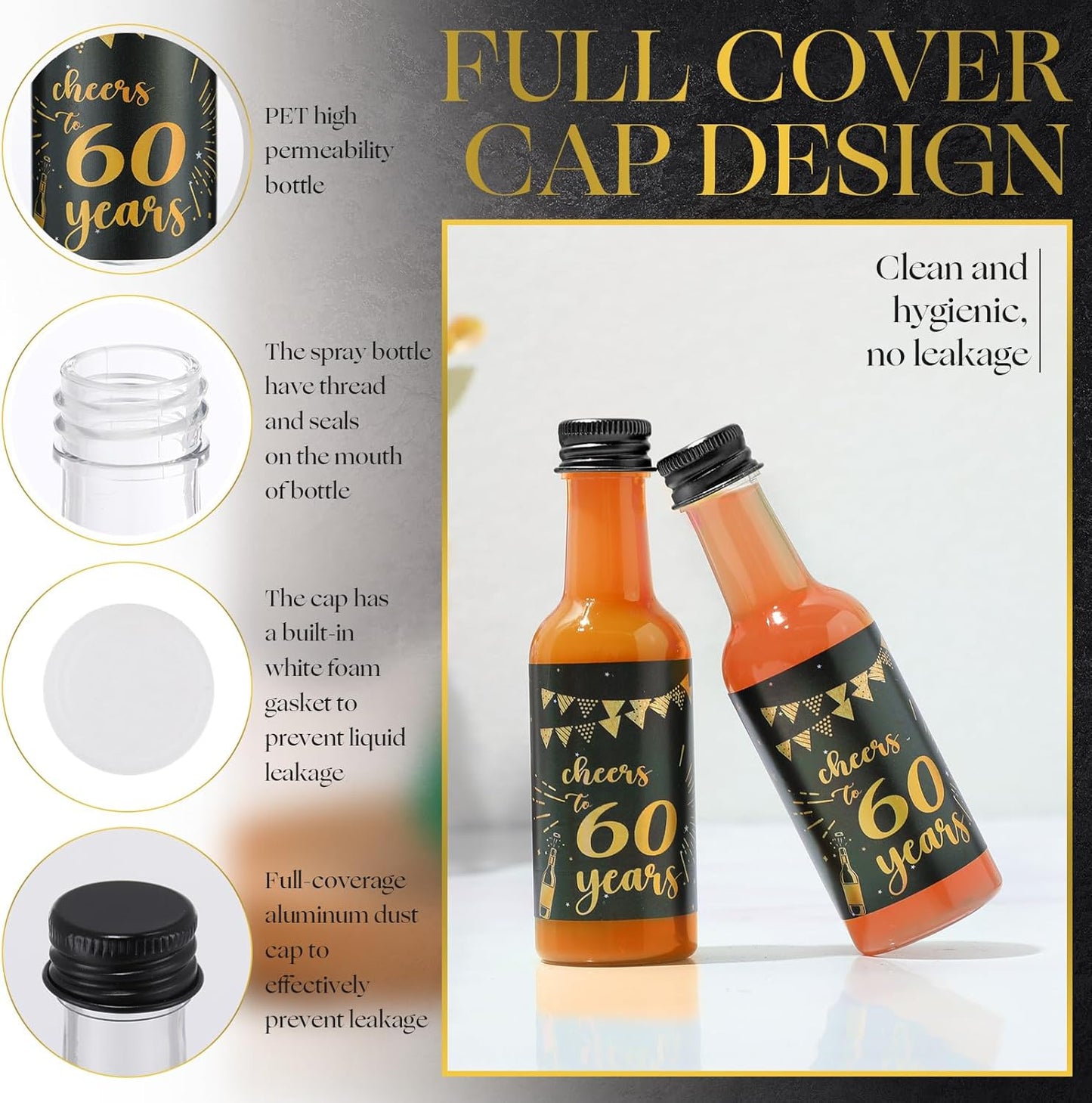 Vesici 50 Pack Mini Liquor Bottles 1.7oz Shot Mini Wine and Champagne Bottle Birthday Sticker with 2 Funnels Birthday Party Favor for Adult Guest Women Men Anniversary Celebration(Cheers to 60 Years)