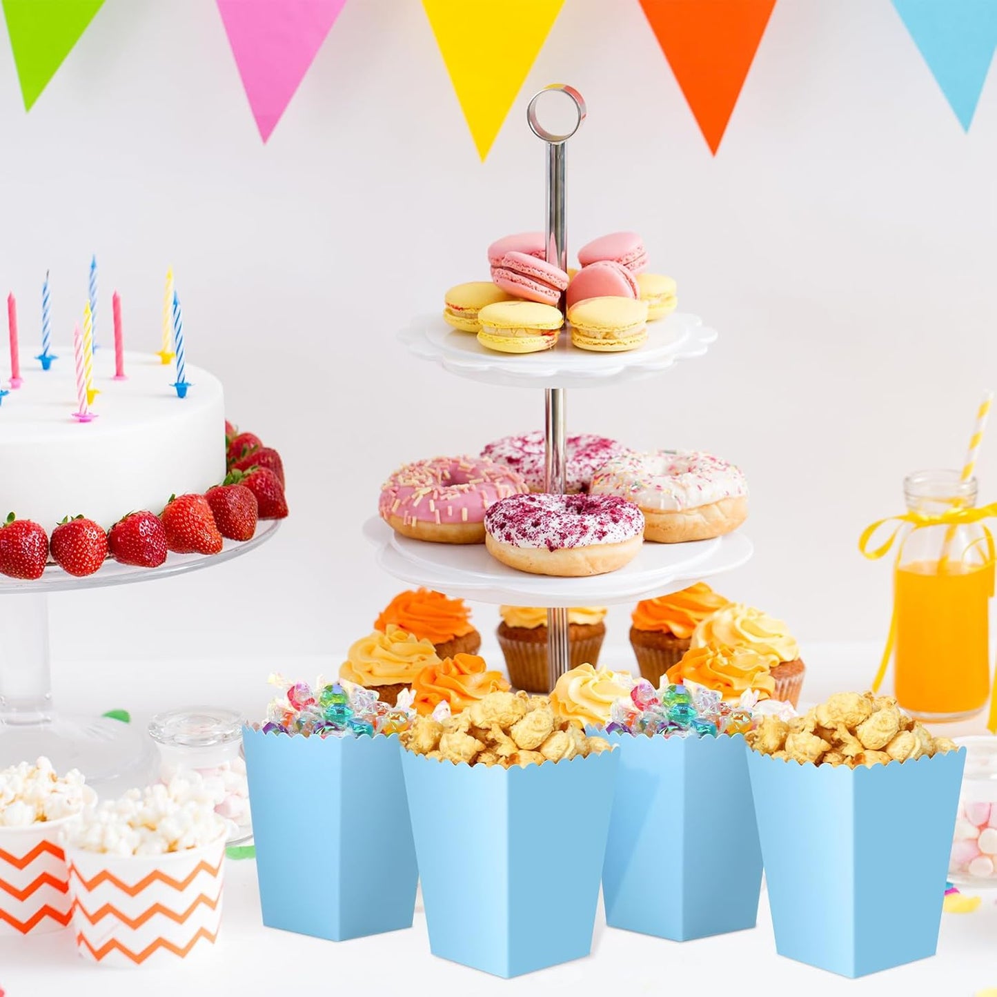 200 Pcs Popcorn Boxes Mini Paper Popcorn Box Cardboard Popcorn Container for Party Disposable Snack Candy Popcorn Bags Popcorn Holder for Birthday Wedding, 2.2 x 4.2 x 3 In (Blue,Simple)